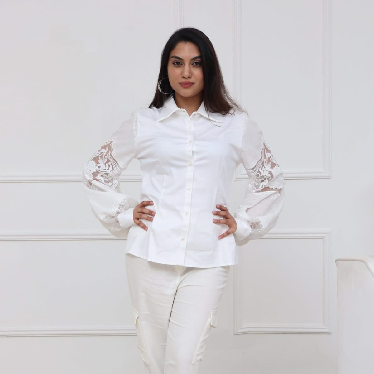 TONAGE White Shirt with Embroidered Sleeves White - SATIN | Brazilian Luxury Fashion