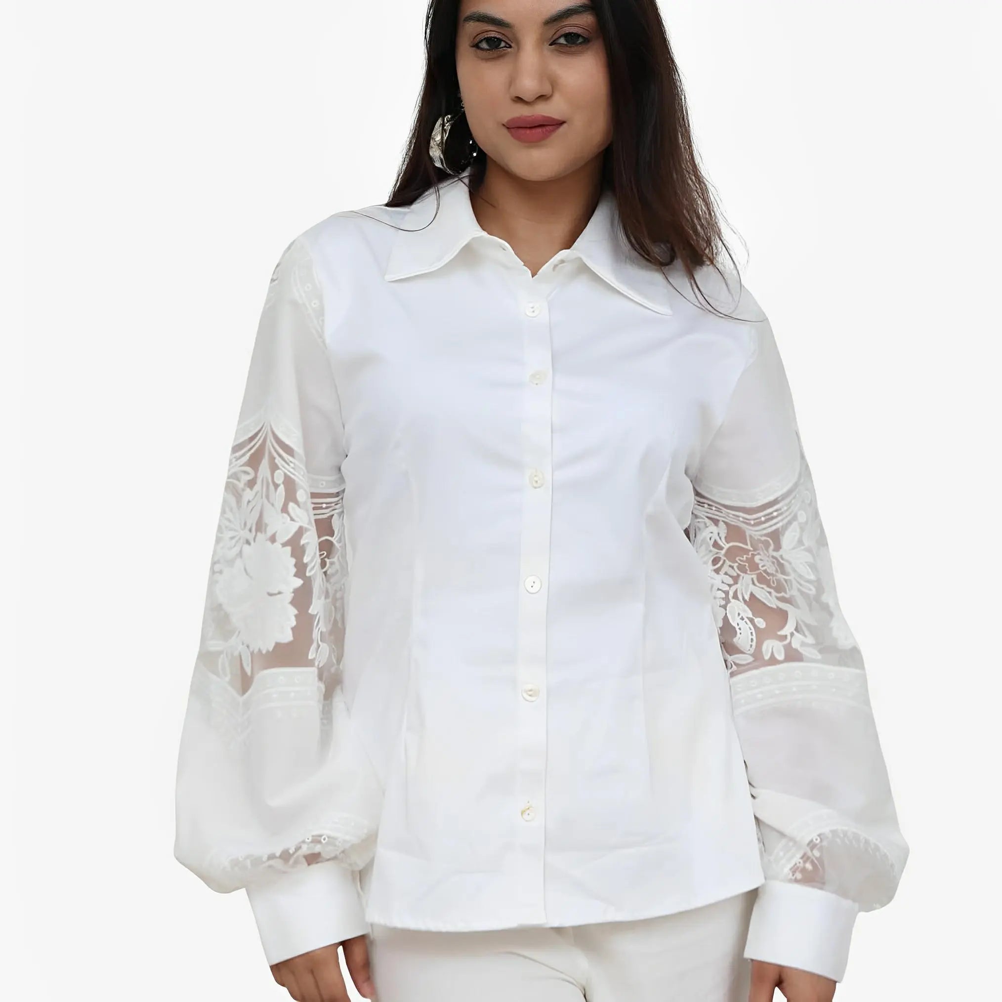 SATIN | Brazilian Luxury Fashion TON AGE TONAGE White Shirt with Embroidered Sleeves White