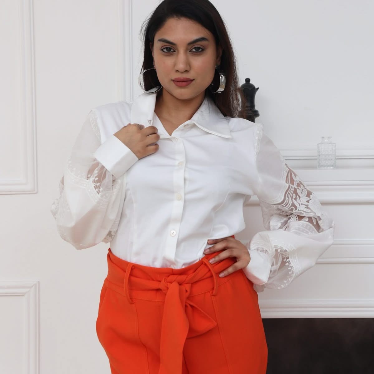 TONAGE White Shirt with Embroidered Sleeves White - SATIN | Brazilian Luxury Fashion