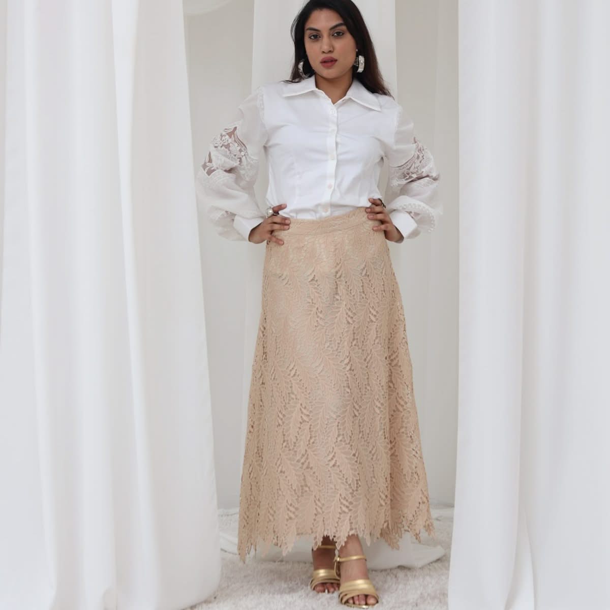 TONAGE Beige Sand Georgette Lace Skirt - SATIN | Brazilian Luxury Fashion