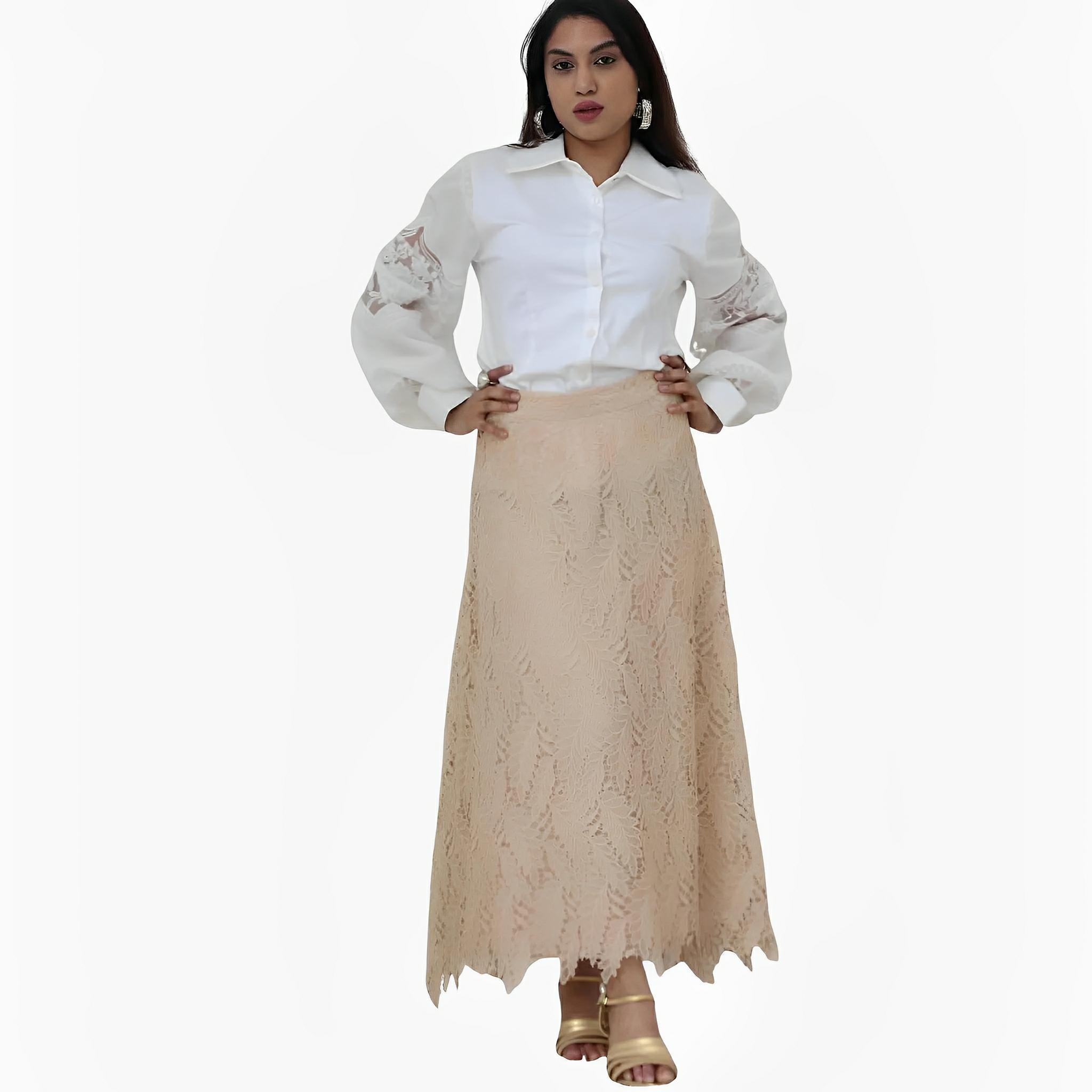 SATIN | Brazilian Luxury Fashion TON AGE TONAGE Beige Sand Georgette Lace Skirt