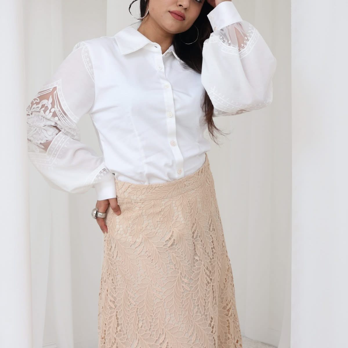 TONAGE White Shirt with Embroidered Sleeves White - SATIN | Brazilian Luxury Fashion