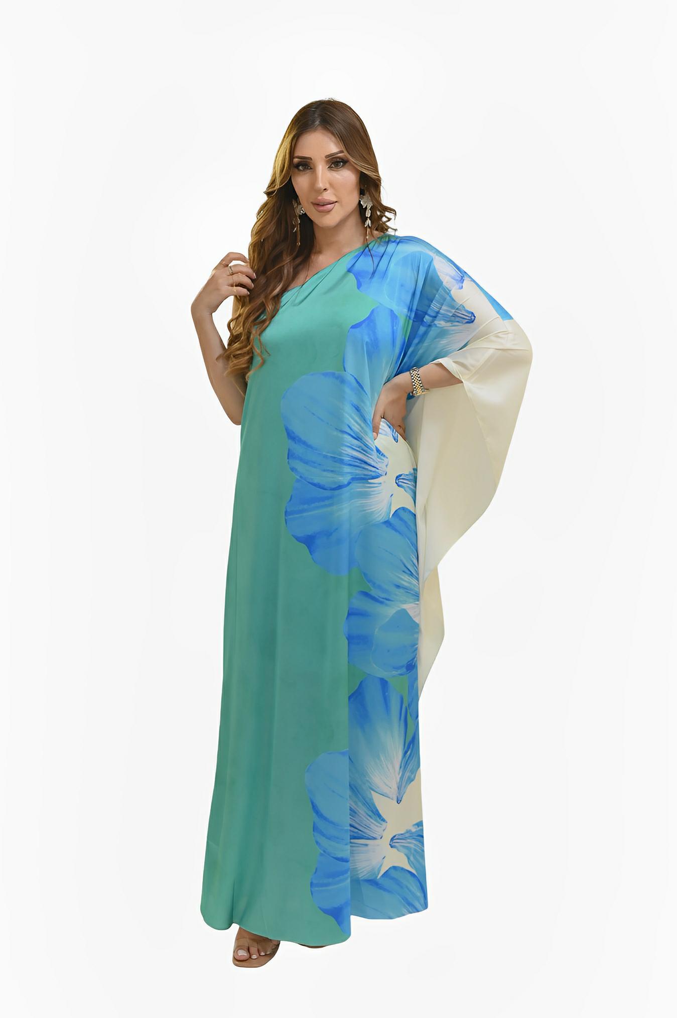 SATIN | Brazilian Luxury Fashion TONAGE TONAGE Dress Gloss silk printed with blue flower with green