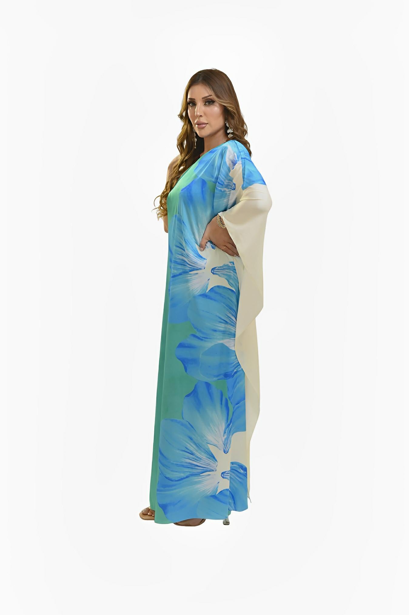 SATIN | Brazilian Luxury Fashion TONAGE TONAGE Dress Gloss silk printed with blue flower with green
