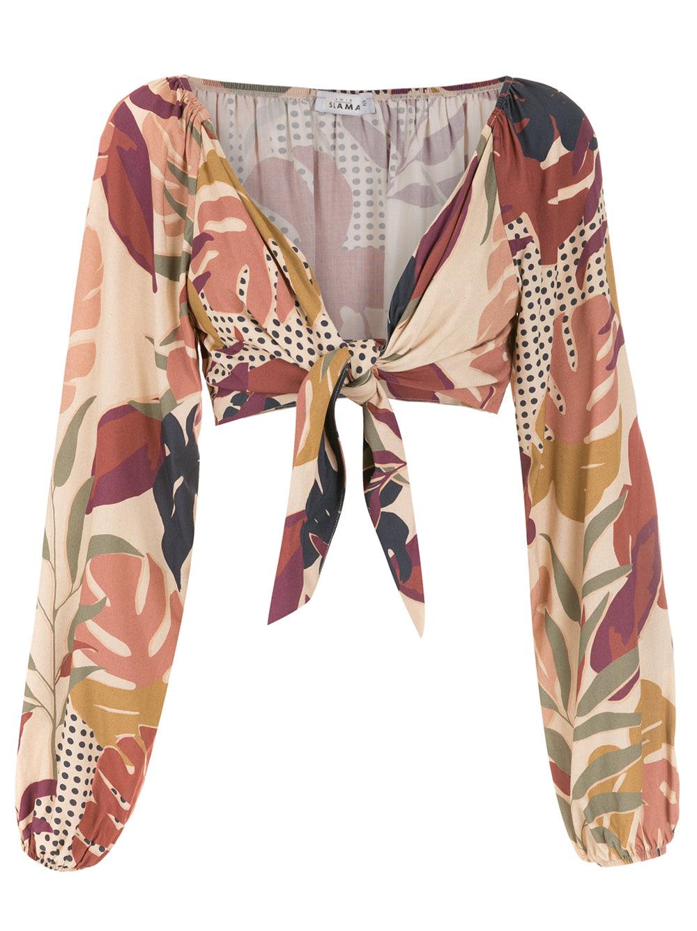 AMIR SLAMA Long Sleeve Cropped Top With Leaf Print - SATIN | Brazilian Luxury Fashion