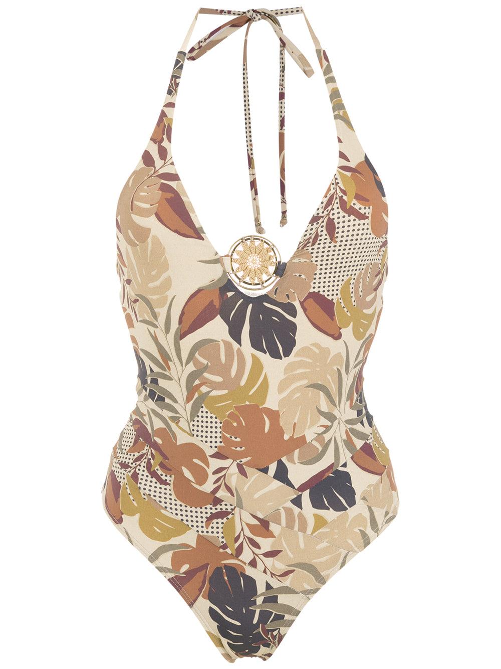 AMIR SLAMA Swimsuit With Ring And Embroidered Leaf Design - SATIN | Brazilian Luxury Fashion