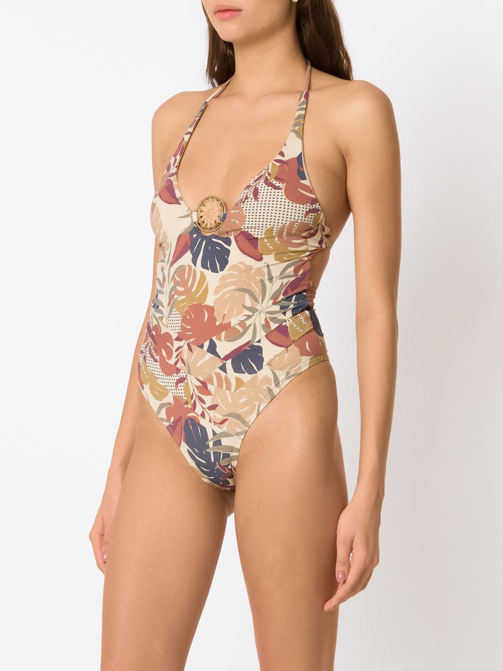 AMIR SLAMA Swimsuit With Ring And Embroidered Leaf Design - SATIN | Brazilian Luxury Fashion