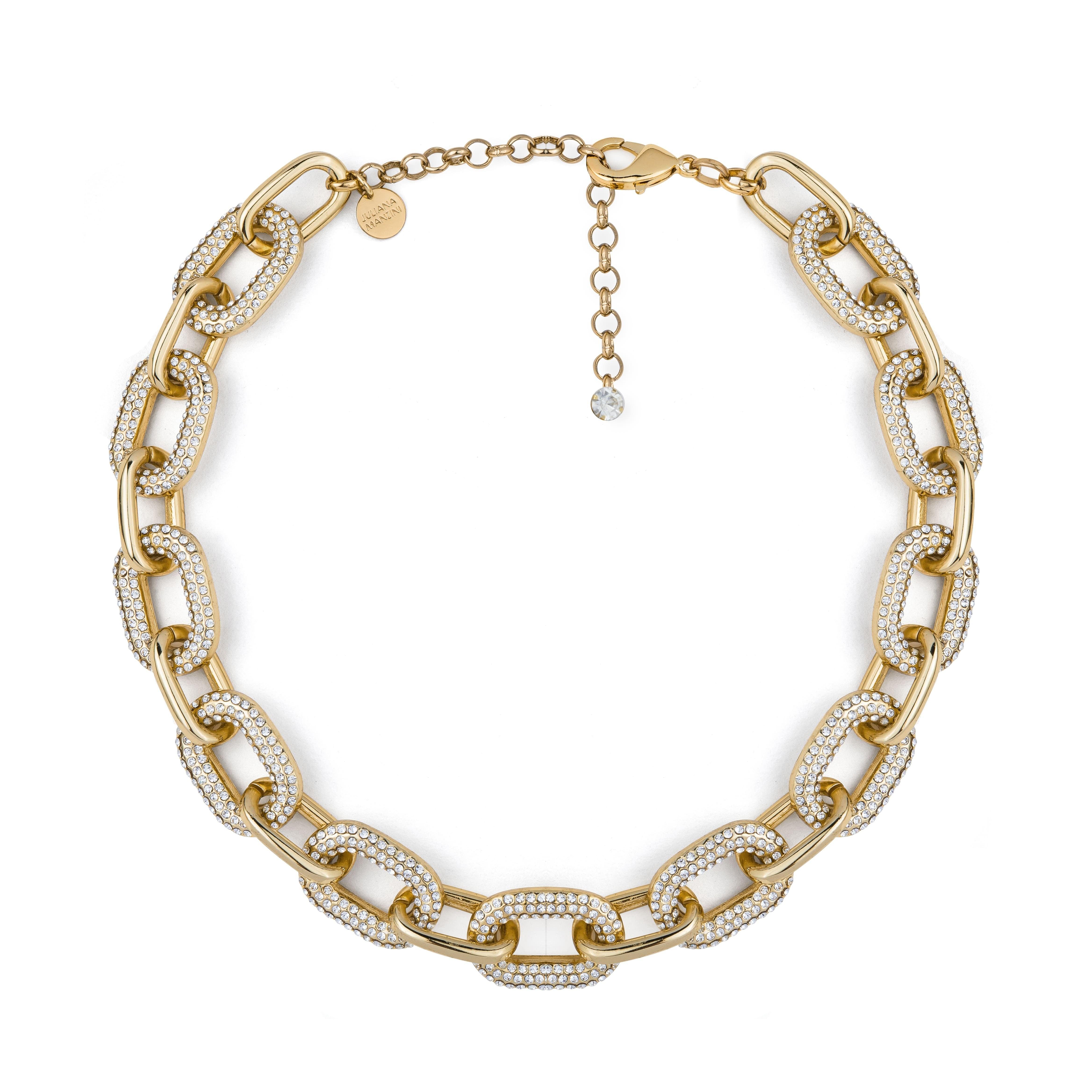 JULIANA MANZINI Fashion Jewelry - Vintage Gold Link Necklace With Rhinestones And Natural Crystal - SATIN | Brazilian Luxury Fashion