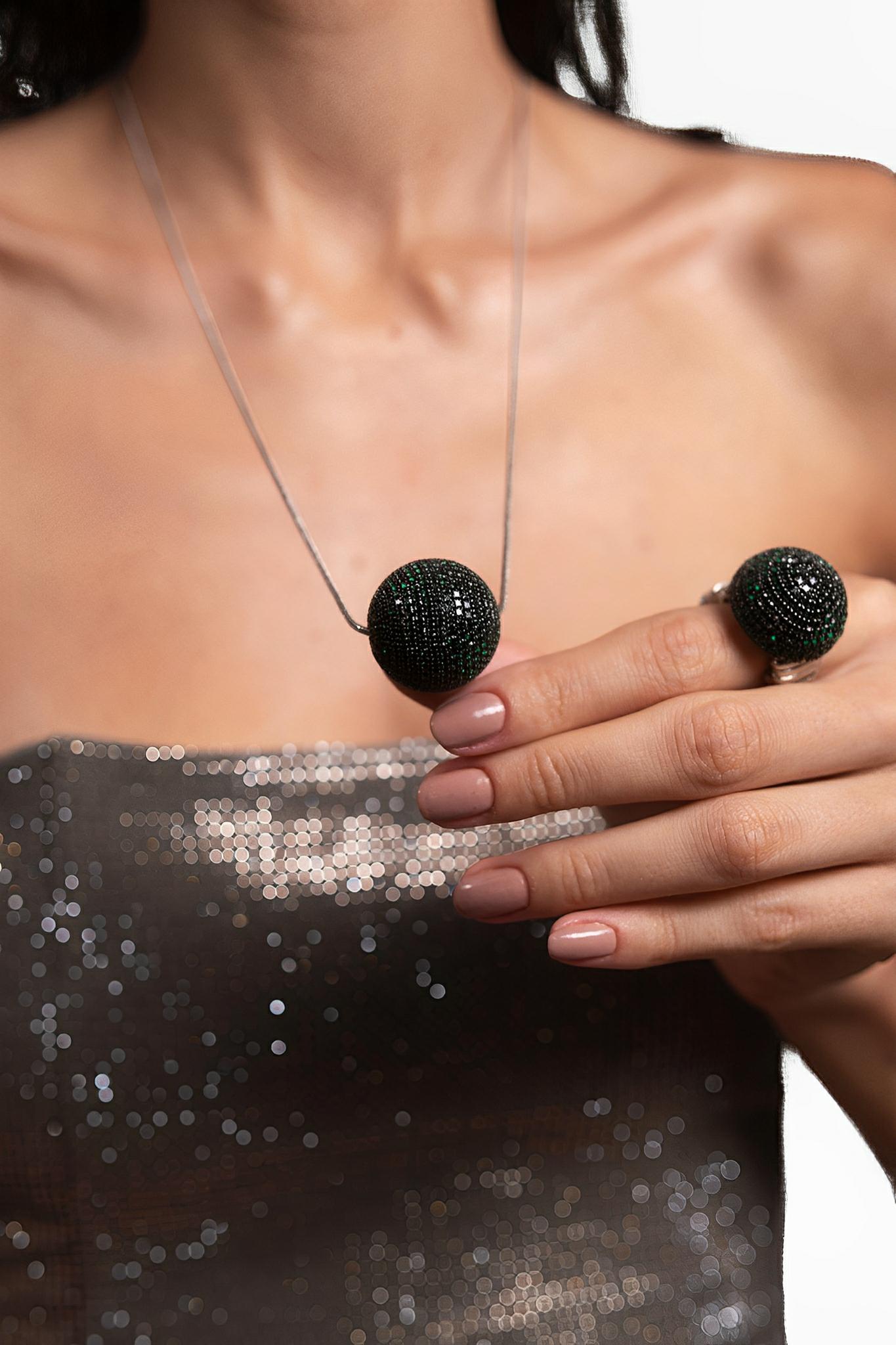 SATIN | Brazilian Luxury Fashion JULIANA MANZINI JULIANA MANZINI Fashion Jewelry - Long Green Silver Rhinestone Sphere Necklace - Statement Piece