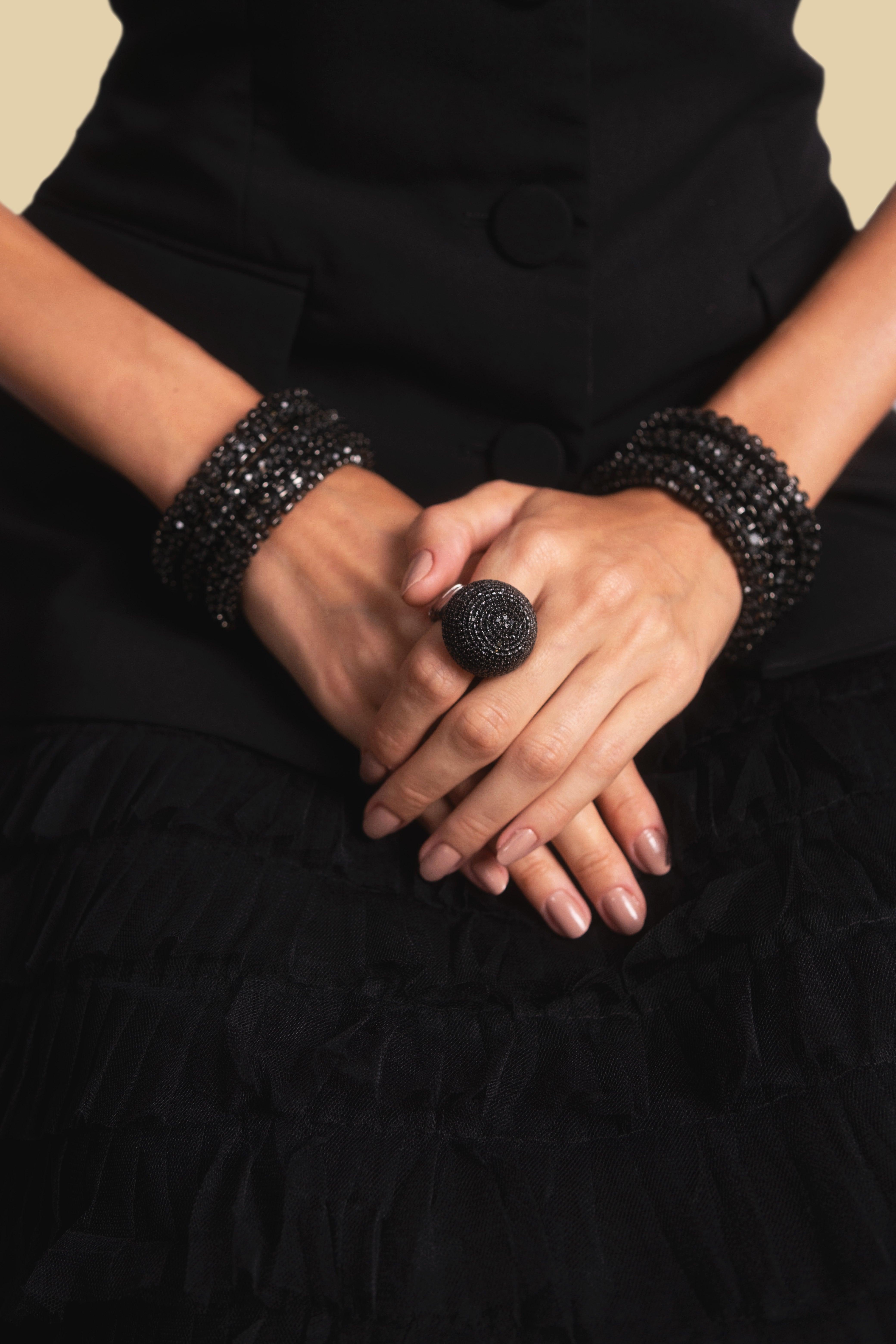 JULIANA MANZINI Fashion Jewelry - Canopy Ring With Black Rhinestones - Dramatic Style - SATIN | Brazilian Luxury Fashion