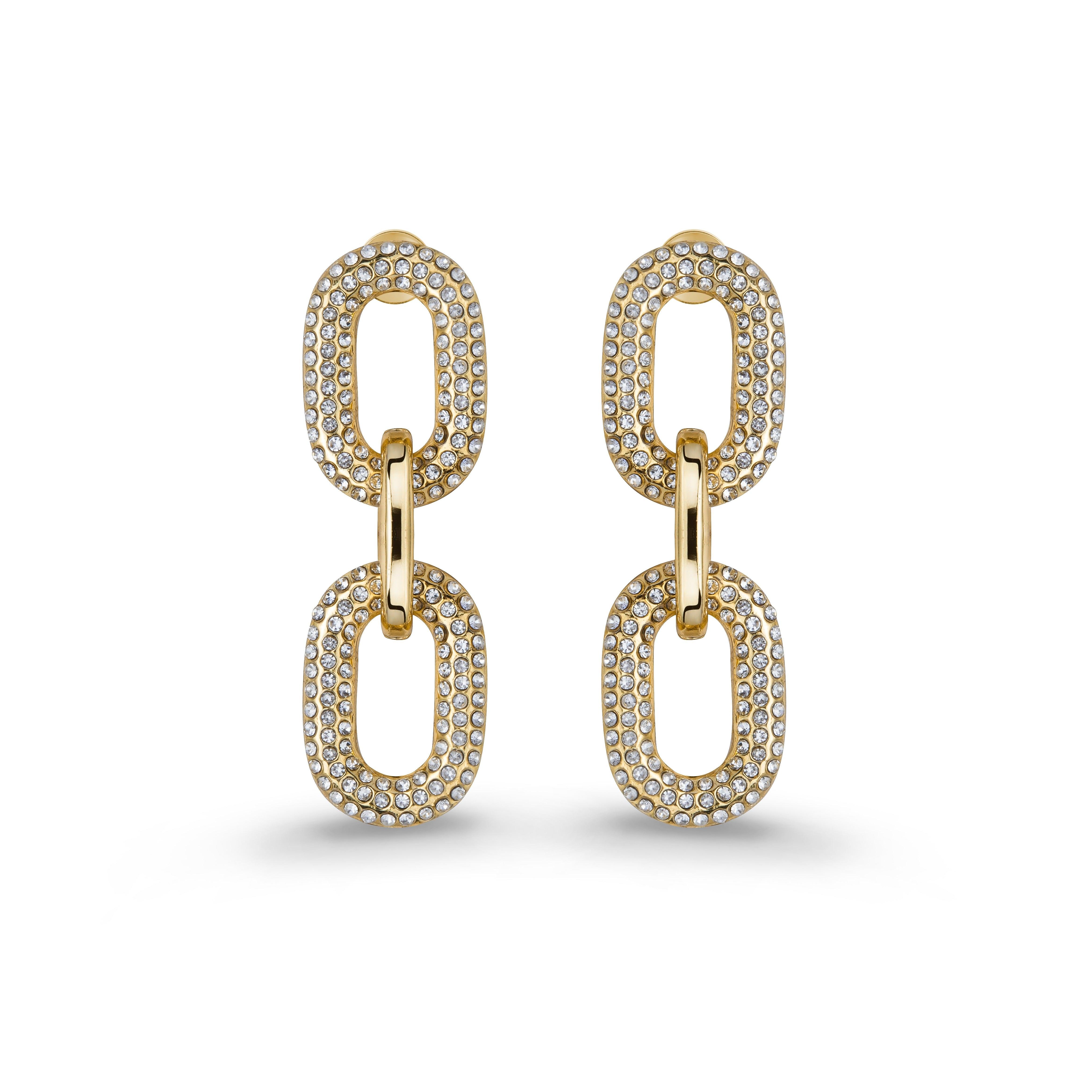 JULIANA MANZINI Fashion Jewelry - Double Link Earrings In Vintage Gold With Crystals - SATIN | Brazilian Luxury Fashion