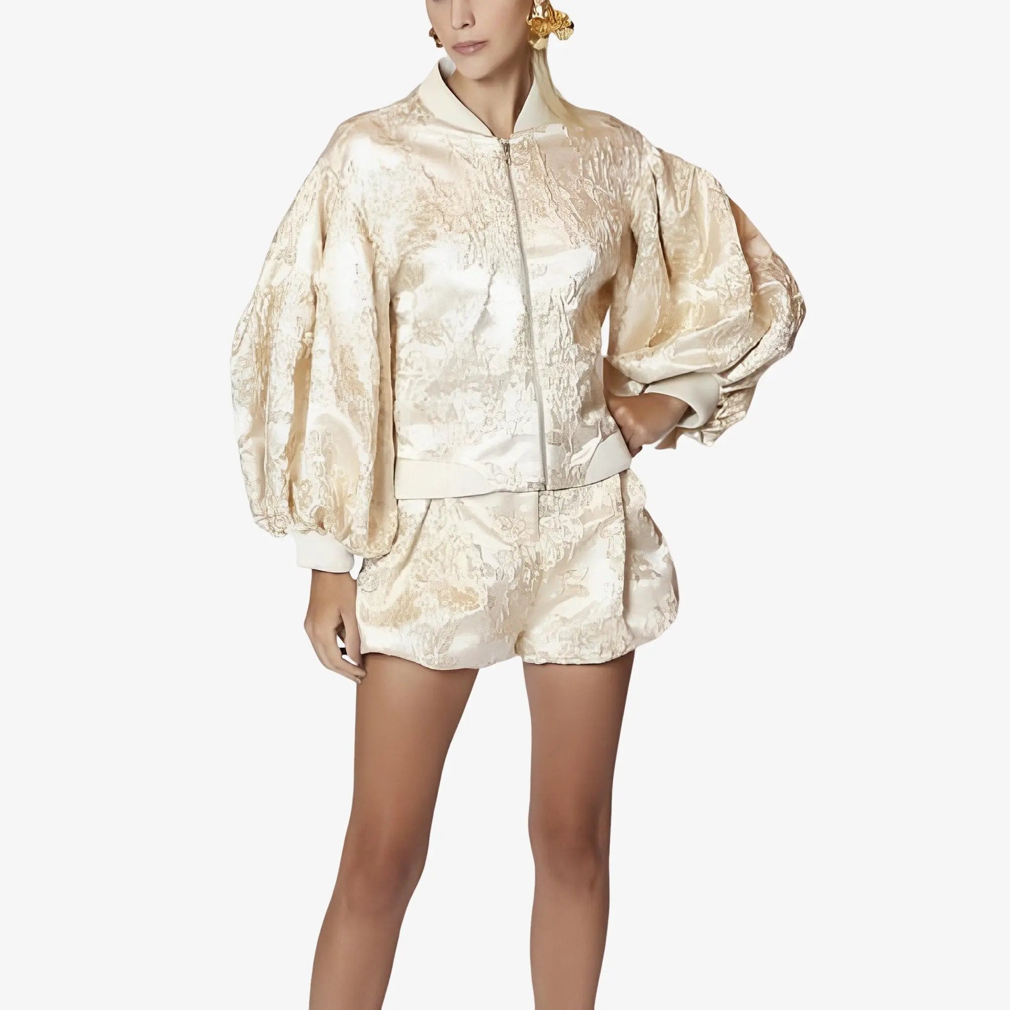 SATIN | Brazilian Luxury Fashion LETHICIA BRONSTEIN LETHICIA BRONSTEIN Brenna Oversized Cotton Bomber Jacket with Gold Lurex