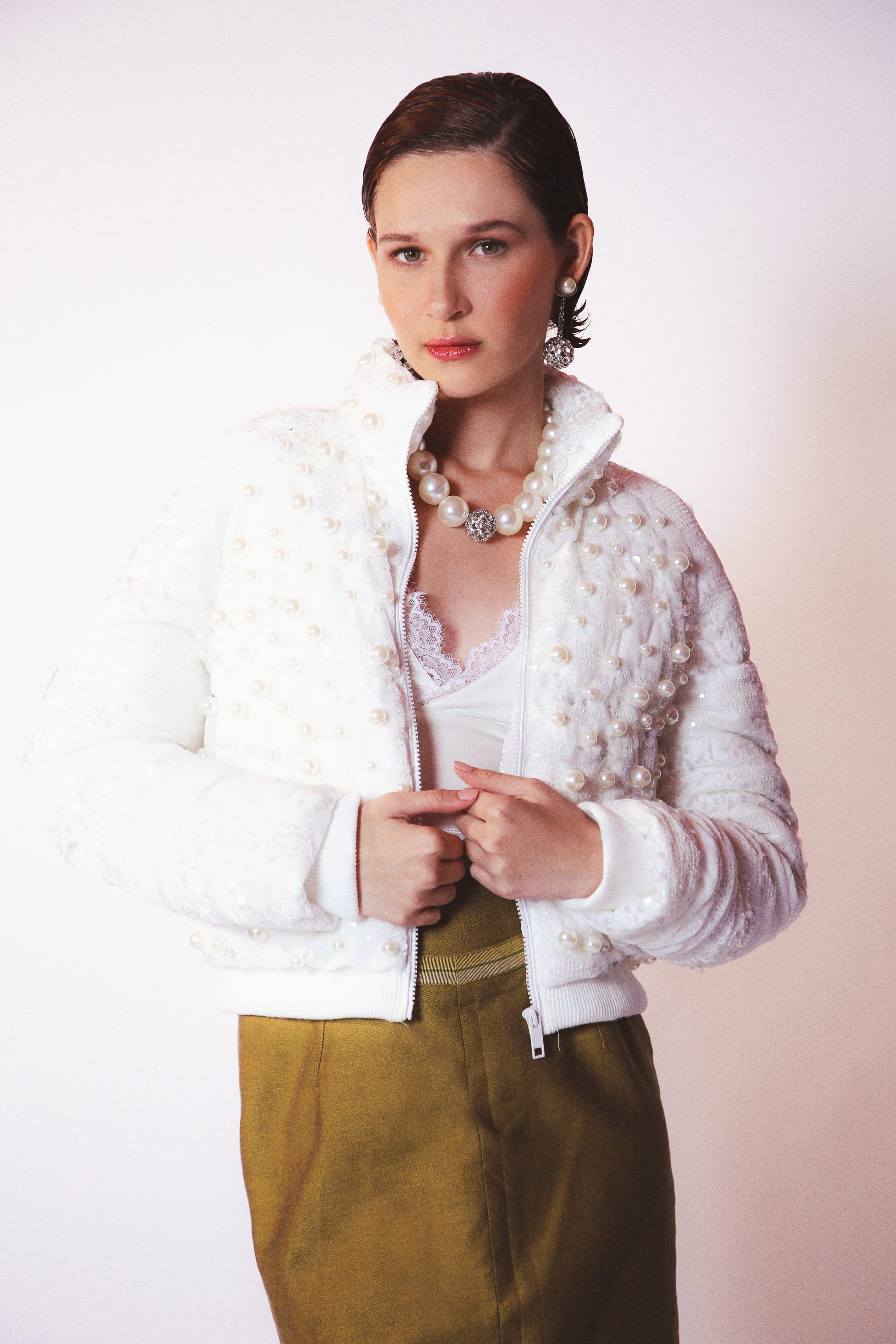 LETHICIA BRONSTEIN Madeleine Puffer Jacket with Sequins and Pearls in White