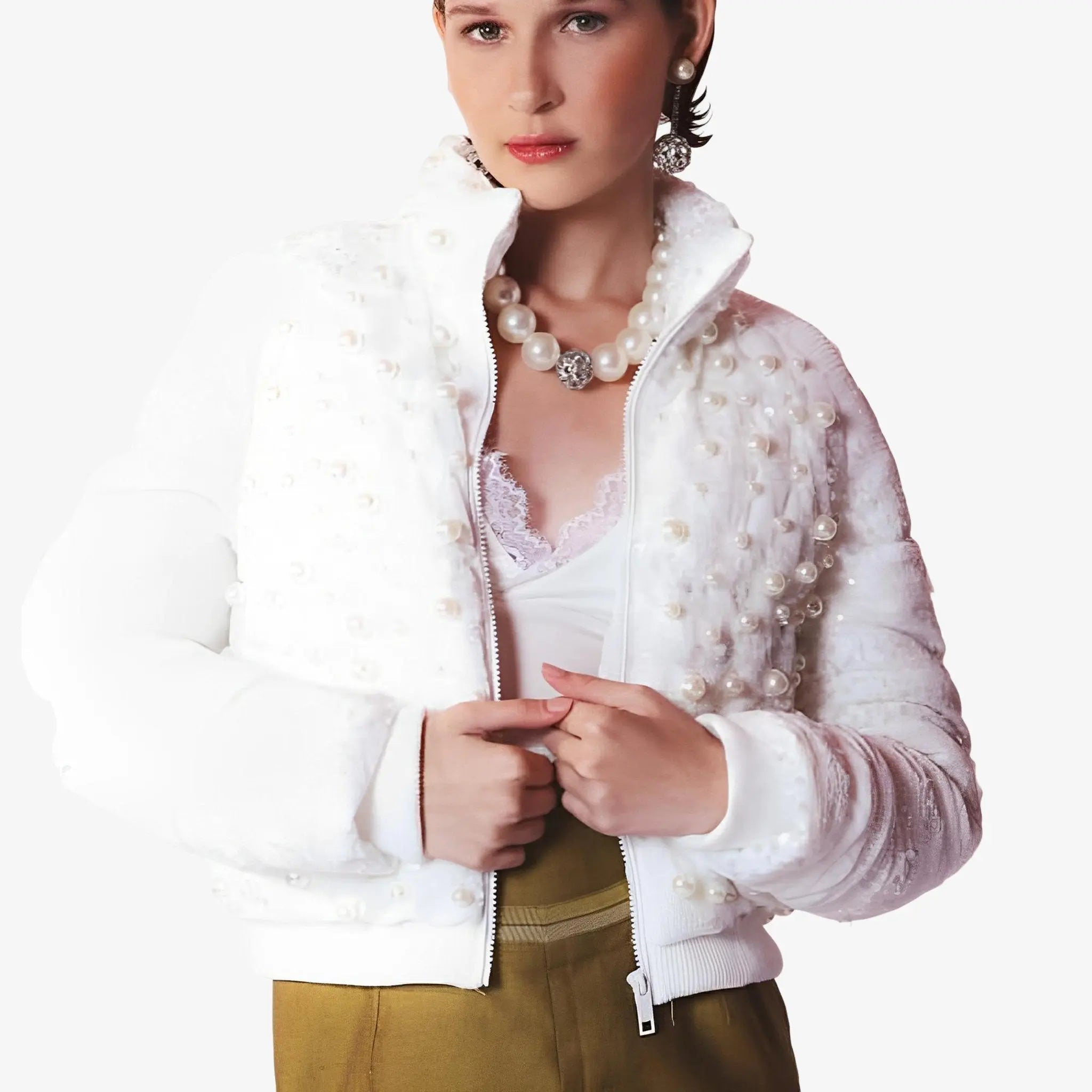 SATIN | Brazilian Luxury Fashion LETHICIA BRONSTEIN LETHICIA BRONSTEIN Madeleine Puffer Jacket with Sequins and Pearls in White