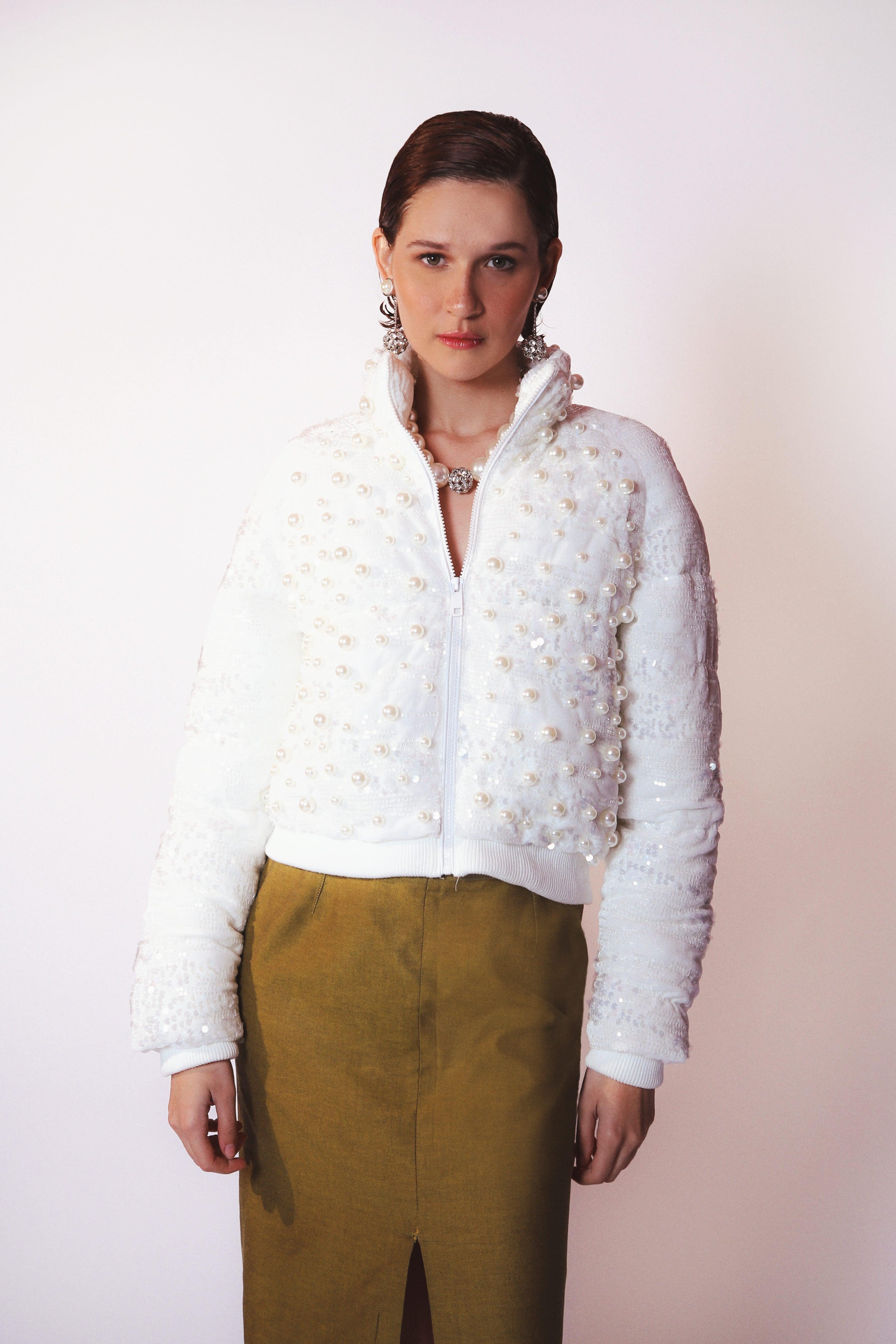 LETHICIA BRONSTEIN Madeleine Puffer Jacket with Sequins and Pearls in White