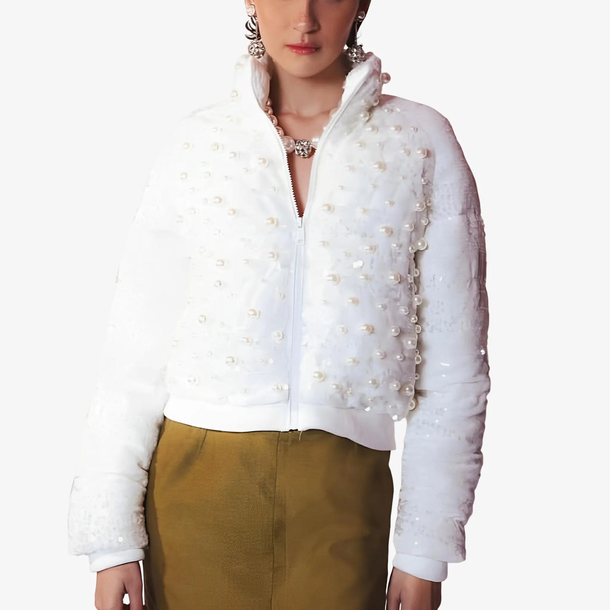 SATIN | Brazilian Luxury Fashion LETHICIA BRONSTEIN LETHICIA BRONSTEIN Madeleine Puffer Jacket with Sequins and Pearls in White