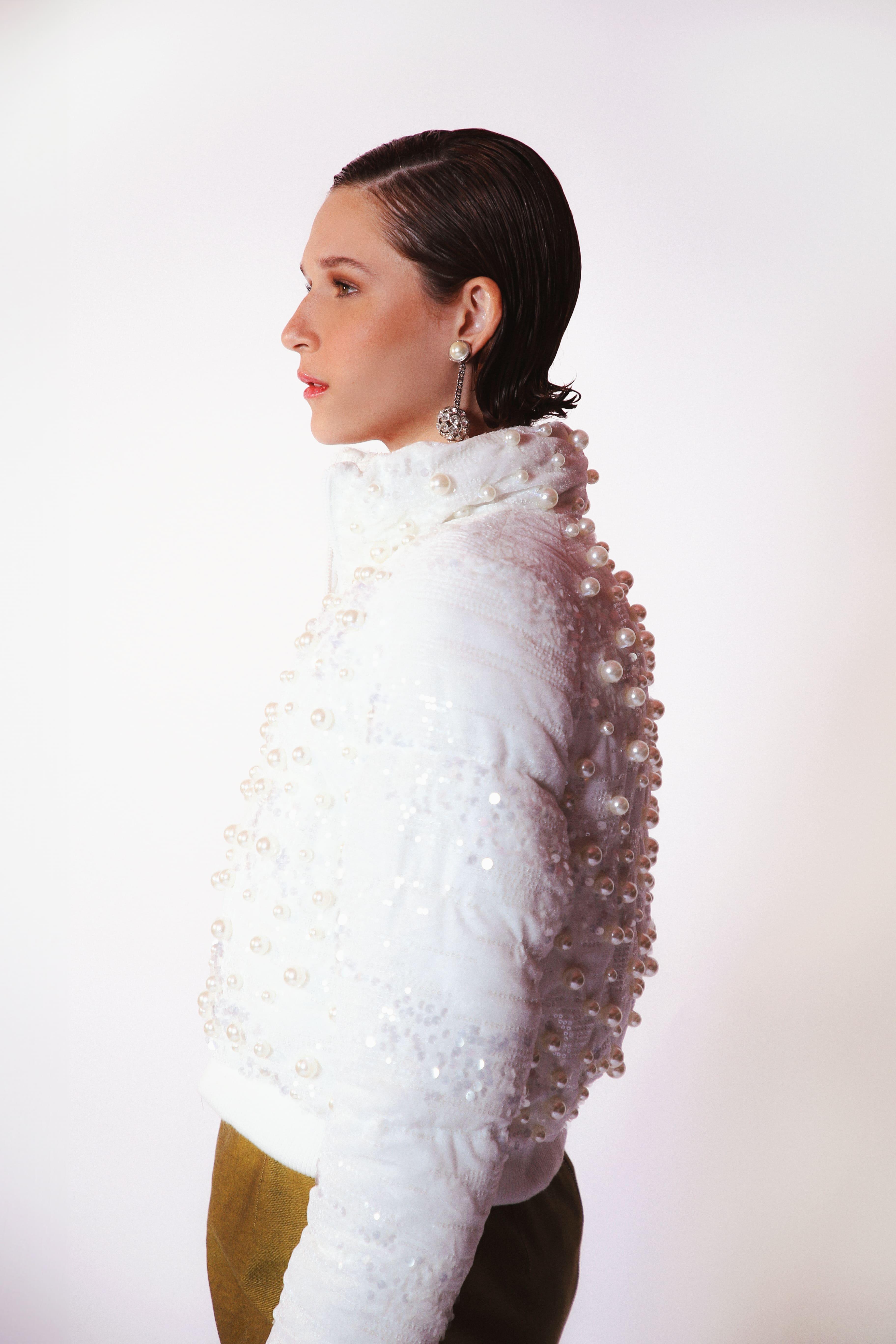 LETHICIA BRONSTEIN Madeleine Puffer Jacket with Sequins and Pearls in White