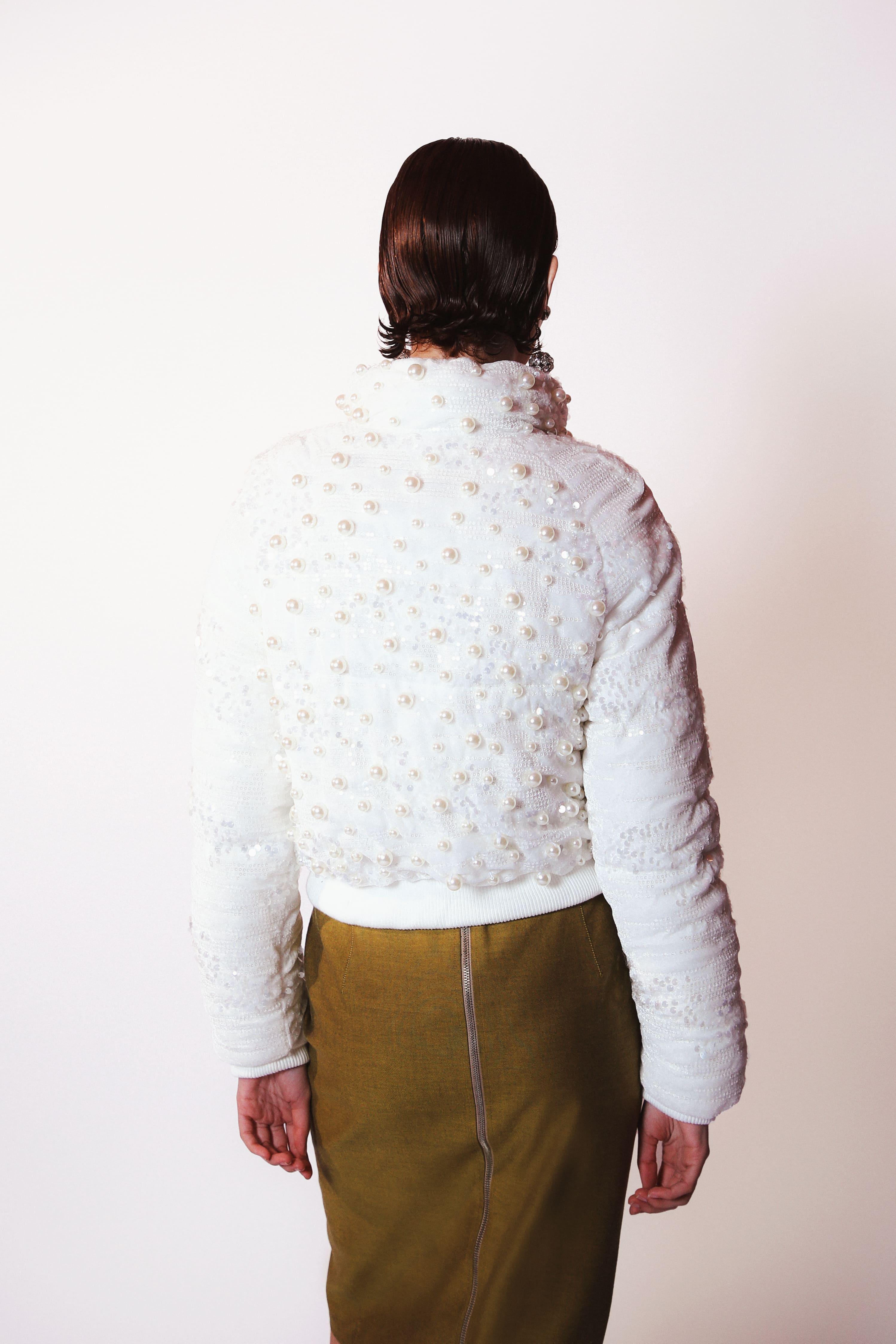 LETHICIA BRONSTEIN Madeleine Puffer Jacket with Sequins and Pearls in White