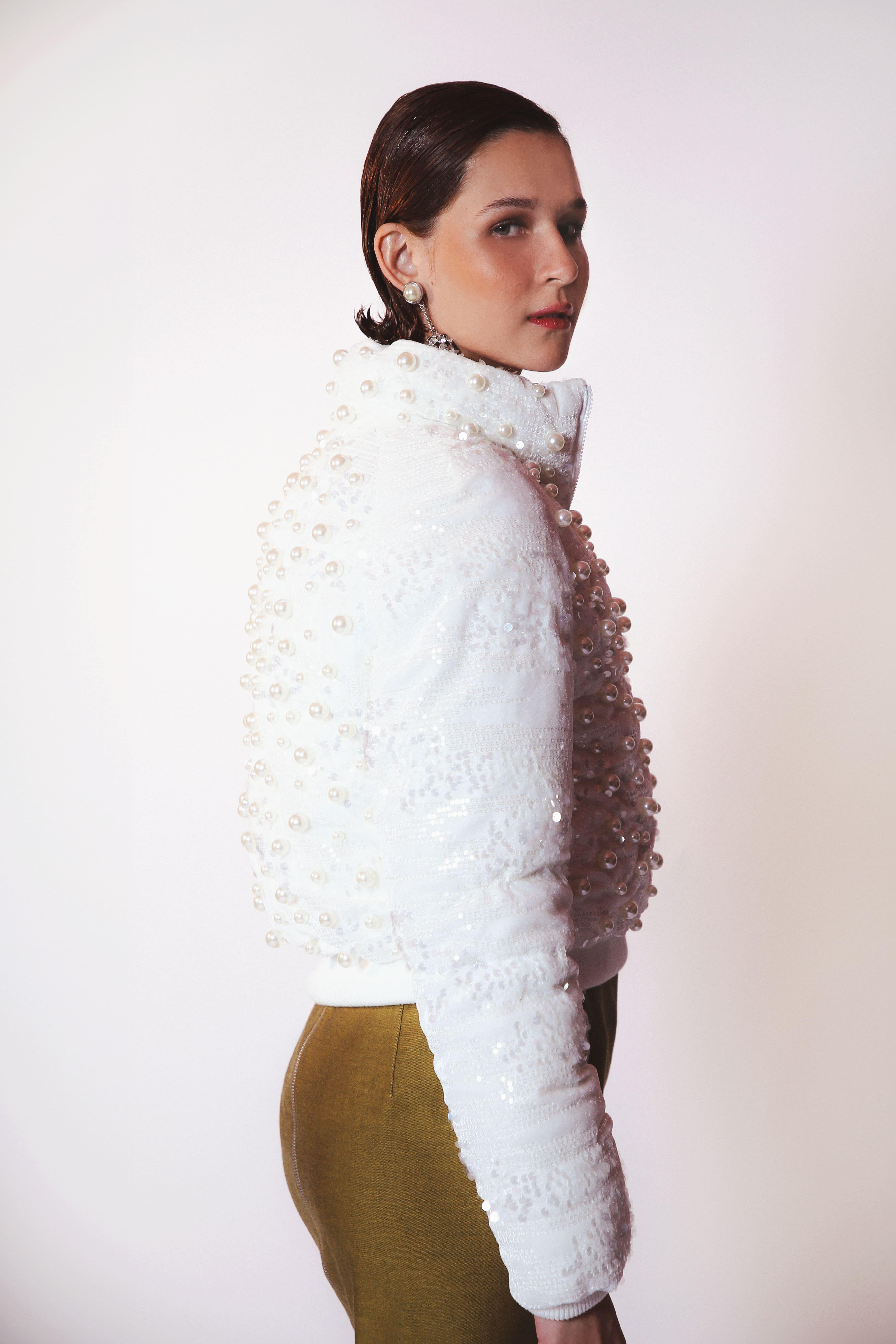 LETHICIA BRONSTEIN Madeleine Puffer Jacket with Sequins and Pearls in White