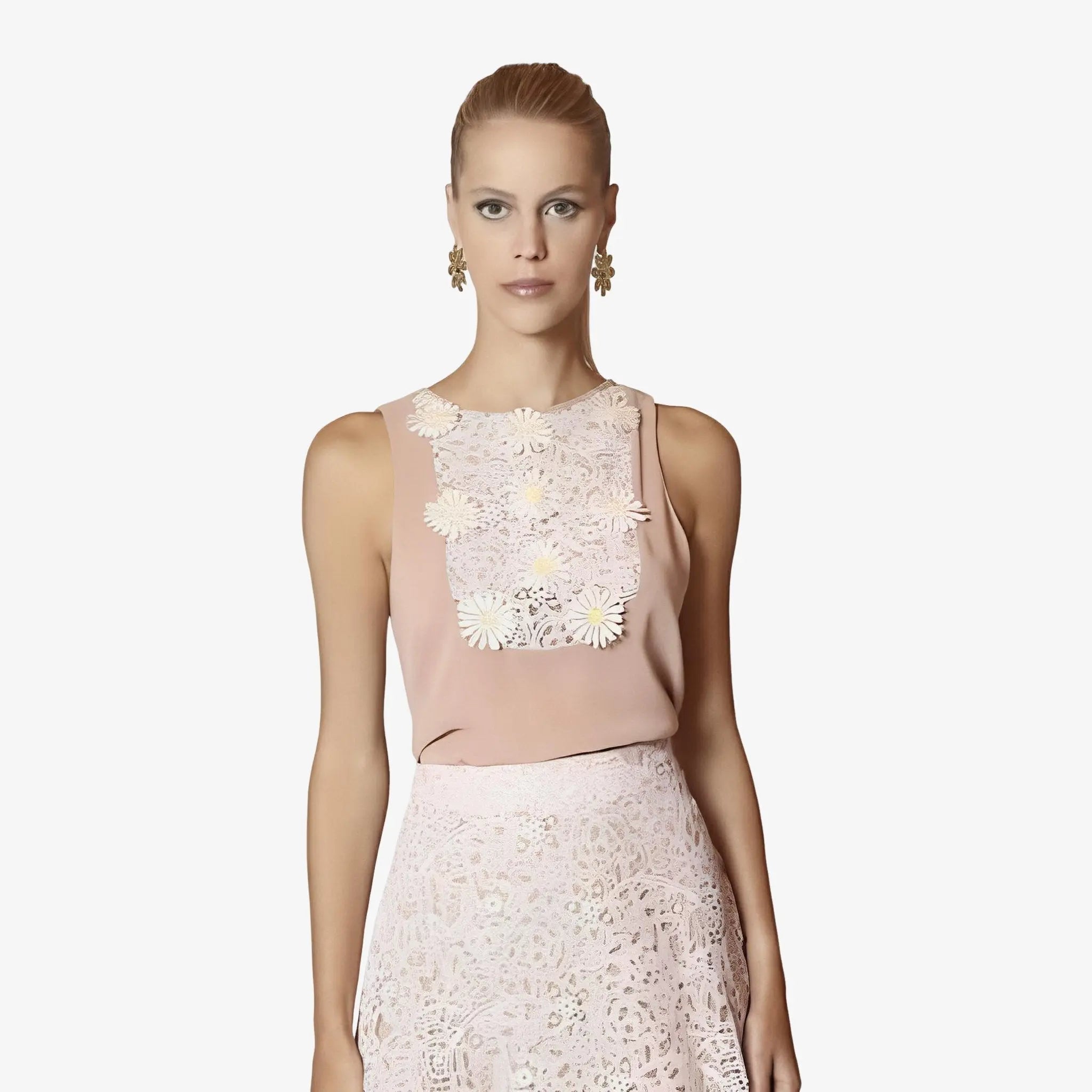 SATIN | Brazilian Luxury Fashion LETHICIA BRONSTEIN LETHICIA BRONSTEIN Barbara Sleeveless Blouse in Daisy Rose Georgette with Guipure