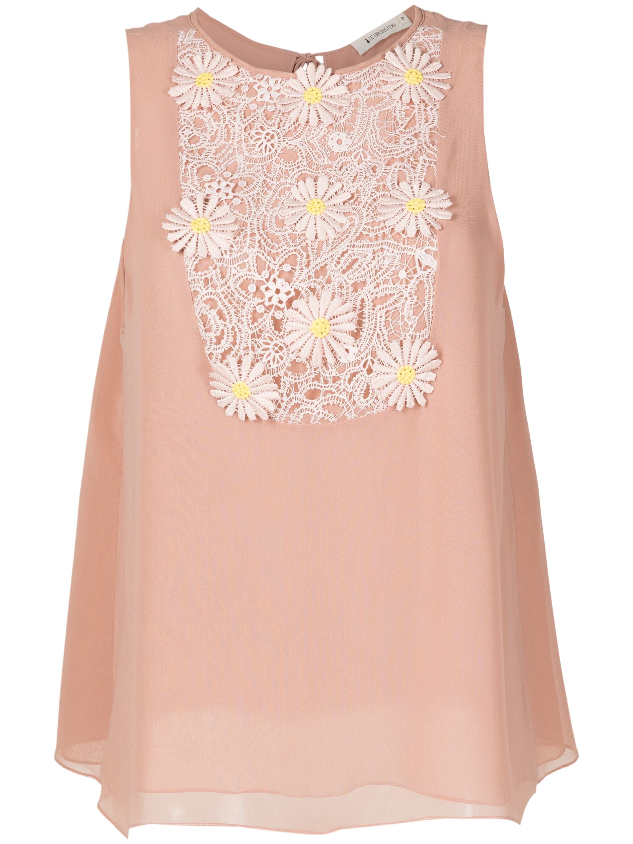 The LETHICIA BRONSTEIN Barbara Sleeveless Blouse in Daisy Rose Georgette with Guipure features a sheer fabric and intricate floral lace panel with white and yellow designs. Its simple round neckline complements the elegant pattern, making it ideal for warm-weather elegance.