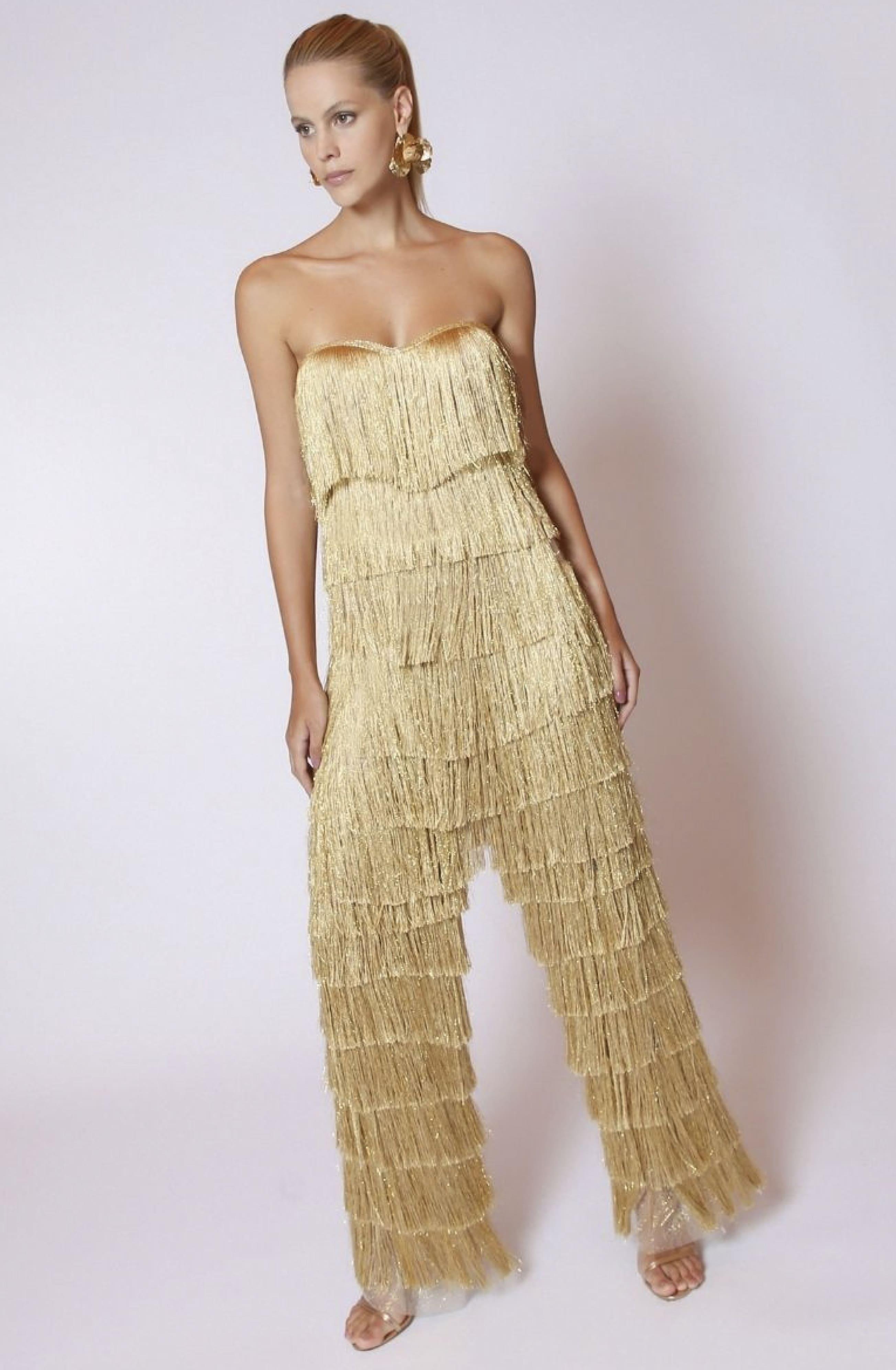 LETHICIA BRONSTEIN Benita Palazzo Pants with Fringes and Gold Lurex