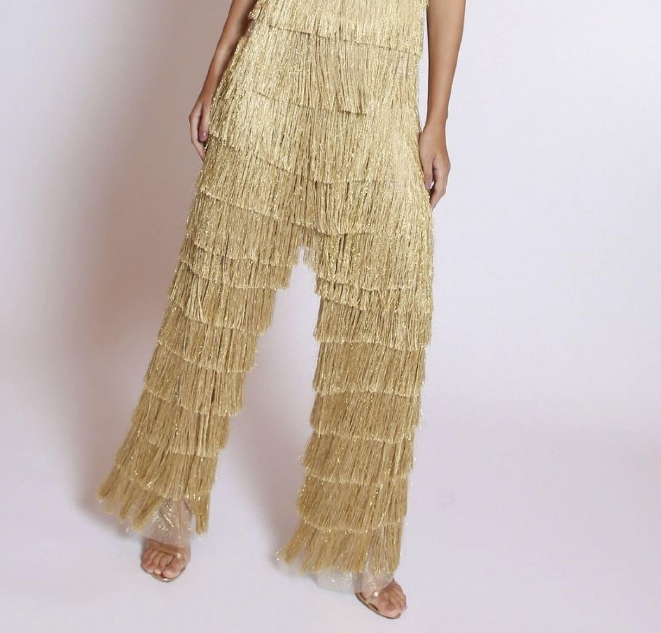 LETHICIA BRONSTEIN Benita Palazzo Pants with Fringes and Gold Lurex