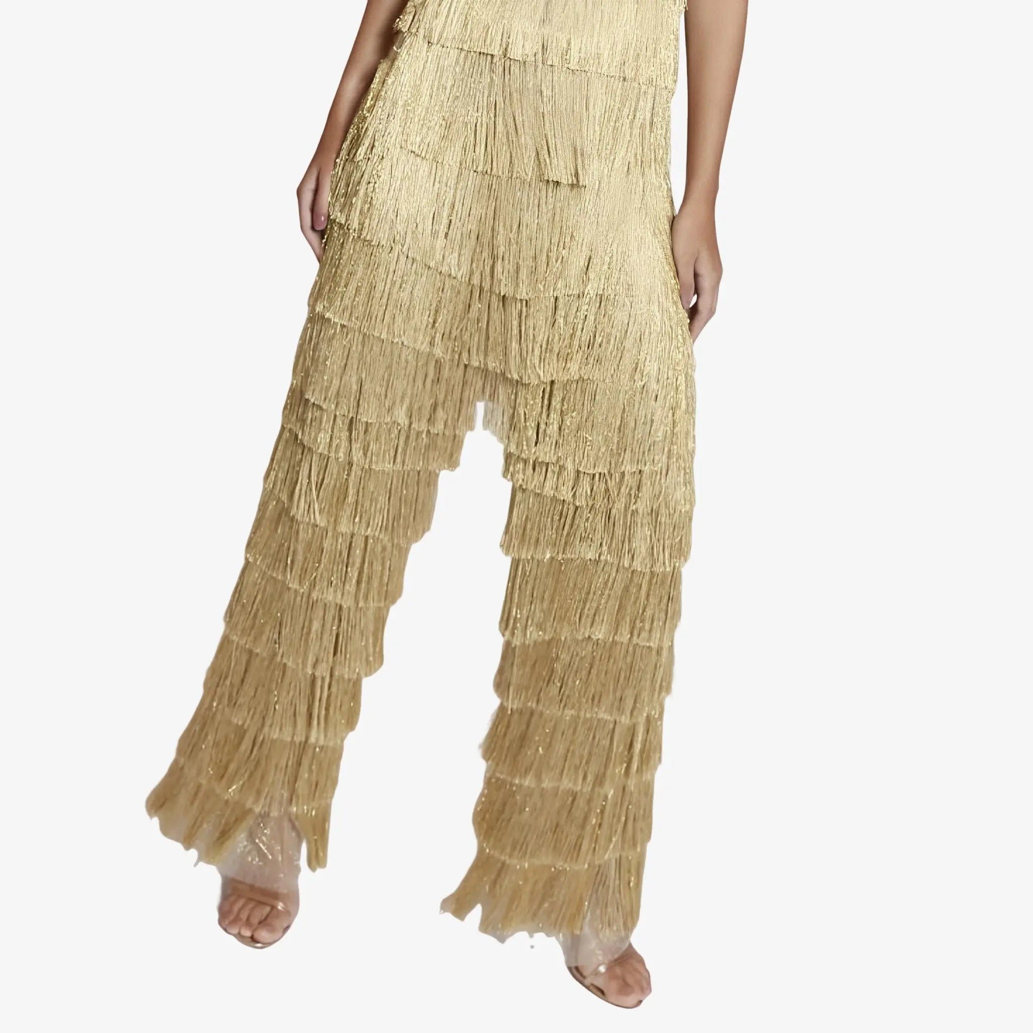 SATIN | Brazilian Luxury Fashion LETHICIA BRONSTEIN LETHICIA BRONSTEIN Benita Palazzo Pants with Fringes and Gold Lurex