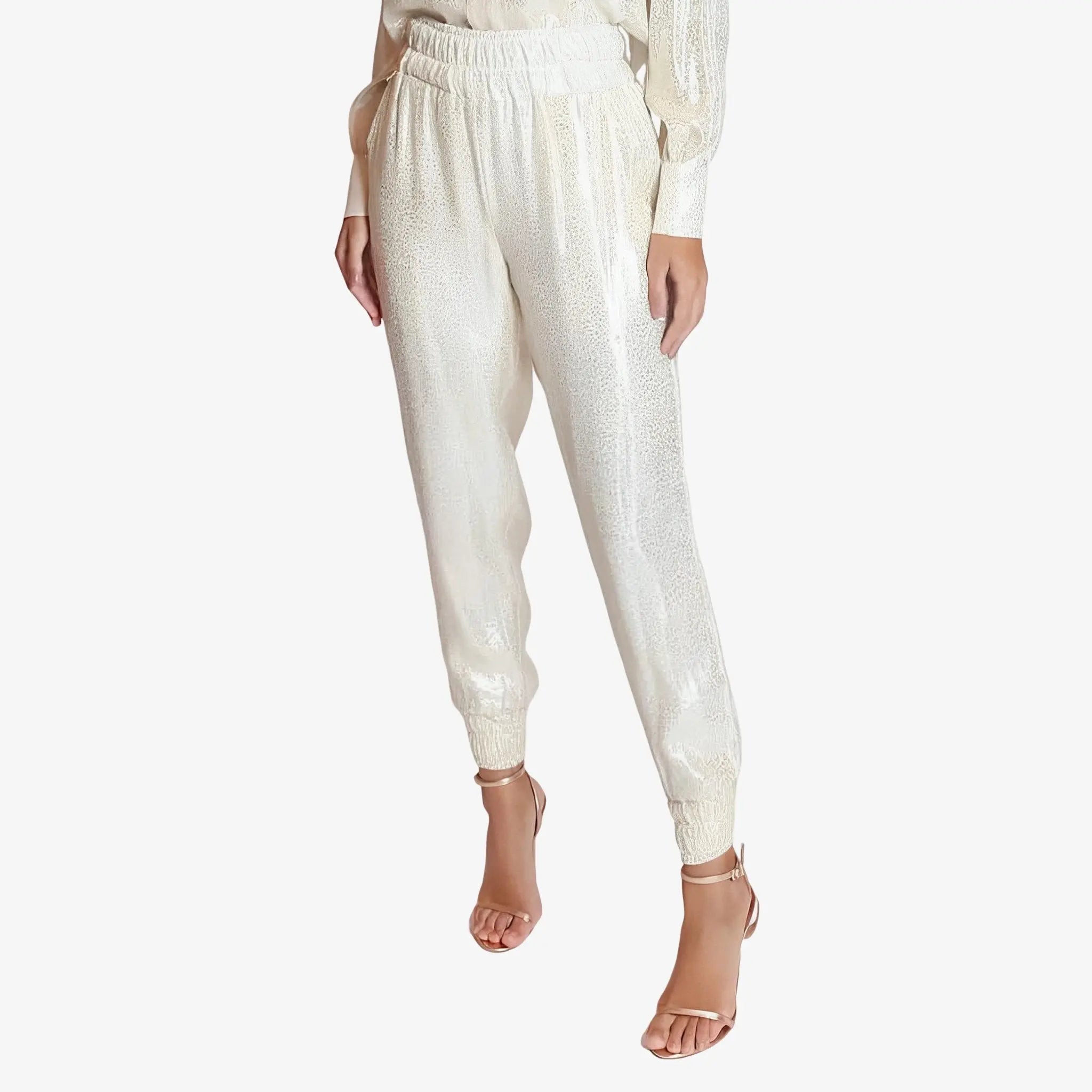 SATIN | Brazilian Luxury Fashion LETHICIA BRONSTEIN LETHICIA BRONSTEIN Bibiana Foil Pajama Pants with Lace in Off-White