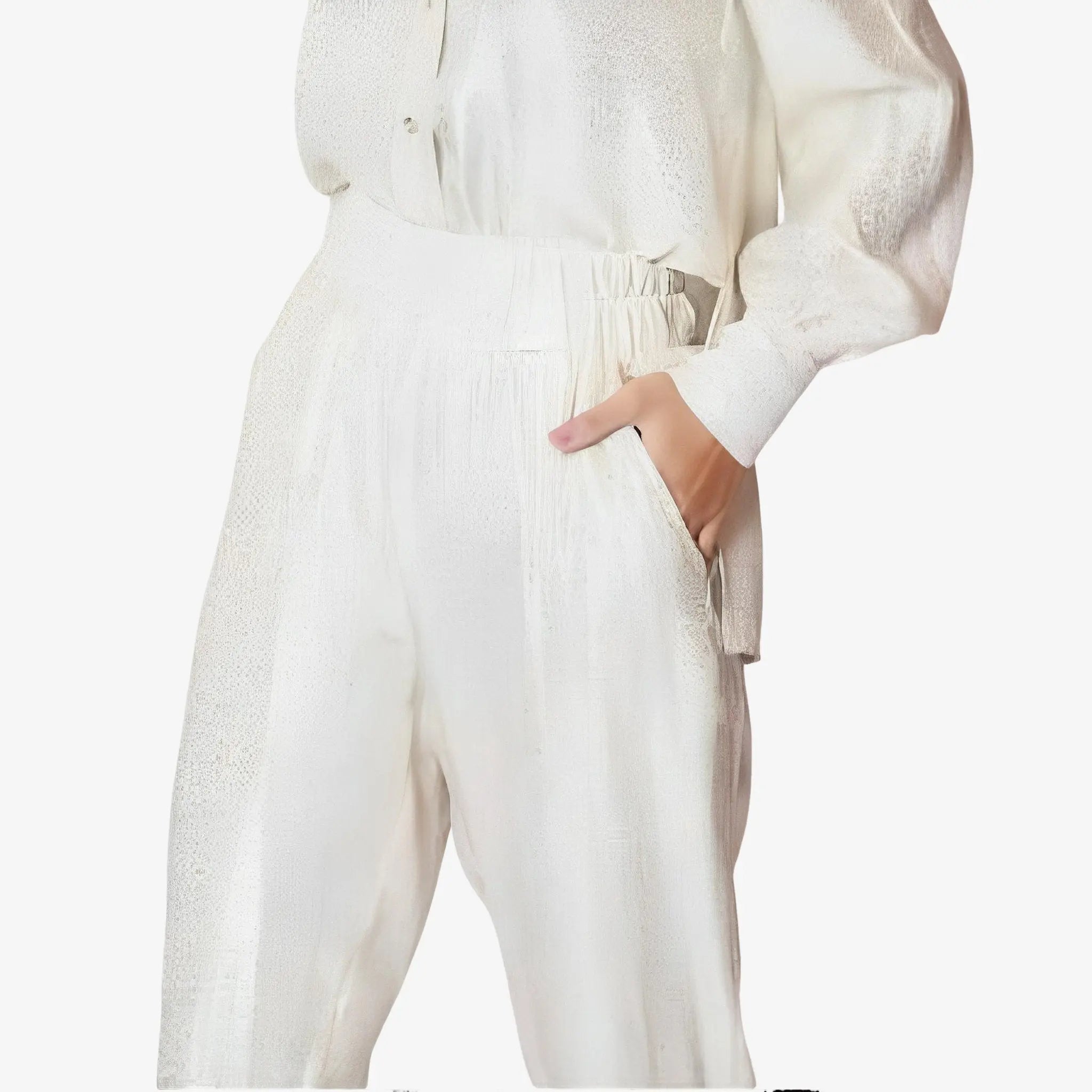 SATIN | Brazilian Luxury Fashion LETHICIA BRONSTEIN LETHICIA BRONSTEIN Bibiana Foil Pajama Pants with Lace in Off-White