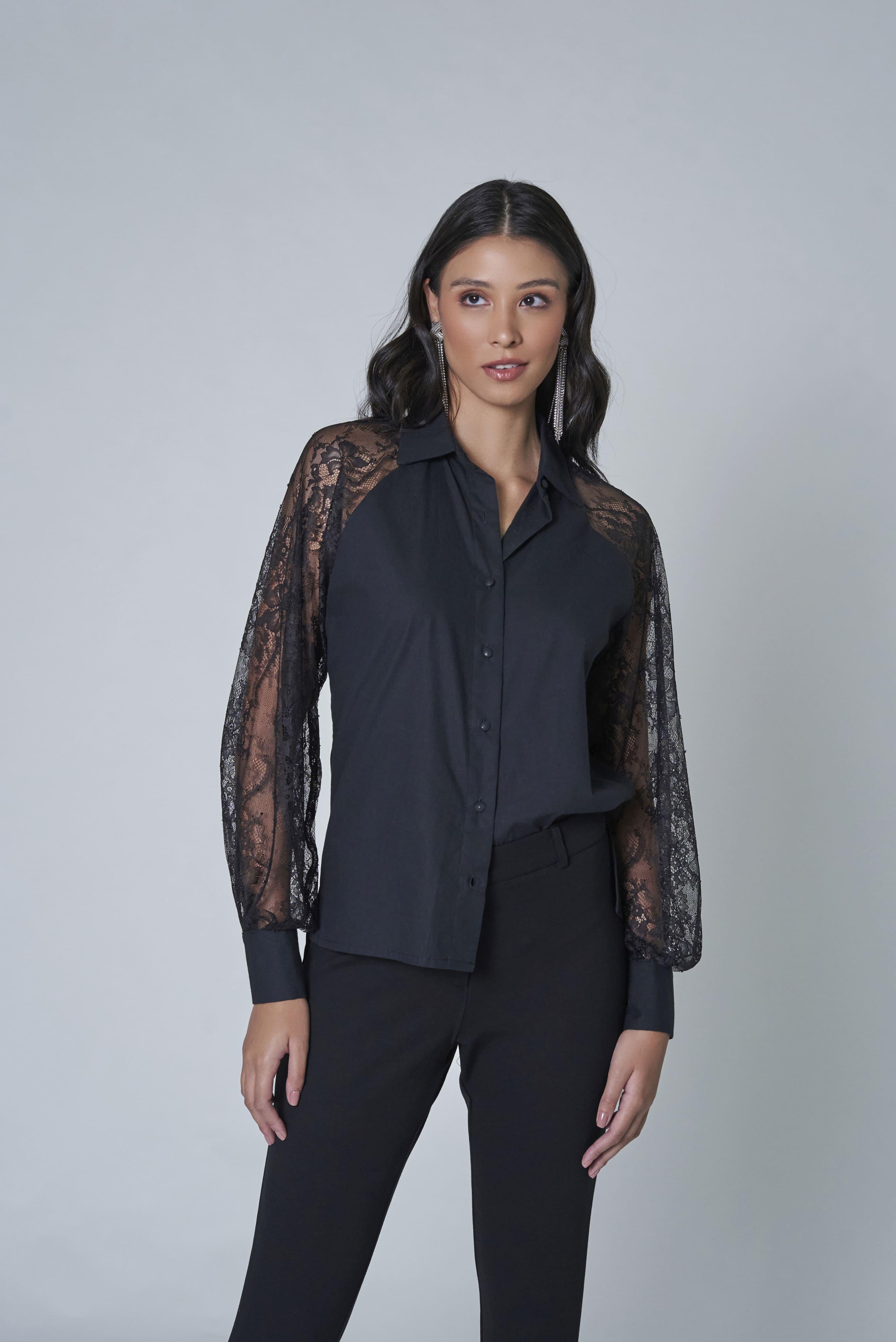 LETHICIA BRONSTEIN Amy Tricoline and Lace Shirt in Black - SATIN | Brazilian Luxury Fashion