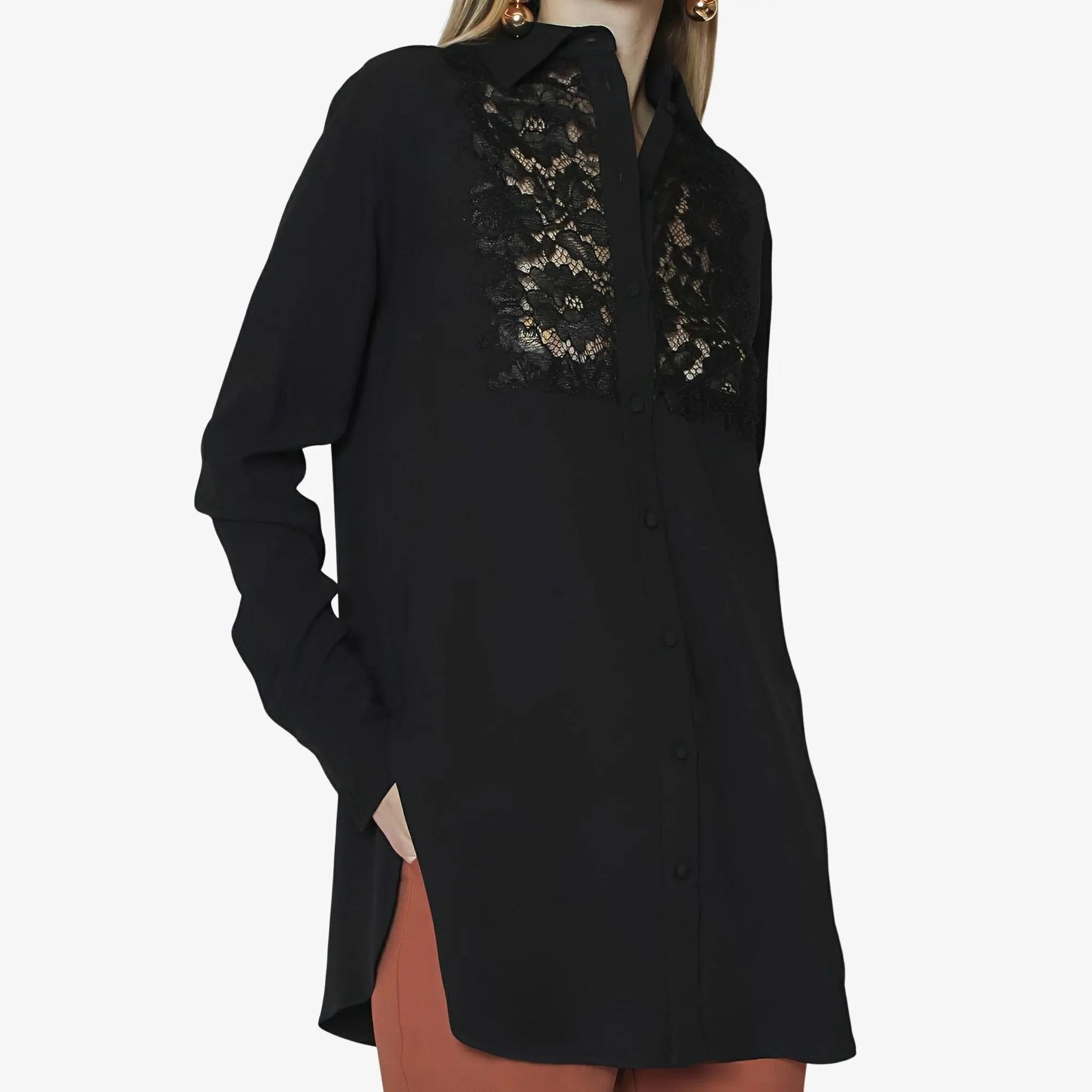 LETHICIA BRONSTEIN Long Shirt Aide in Crepe and Lace Off Black
