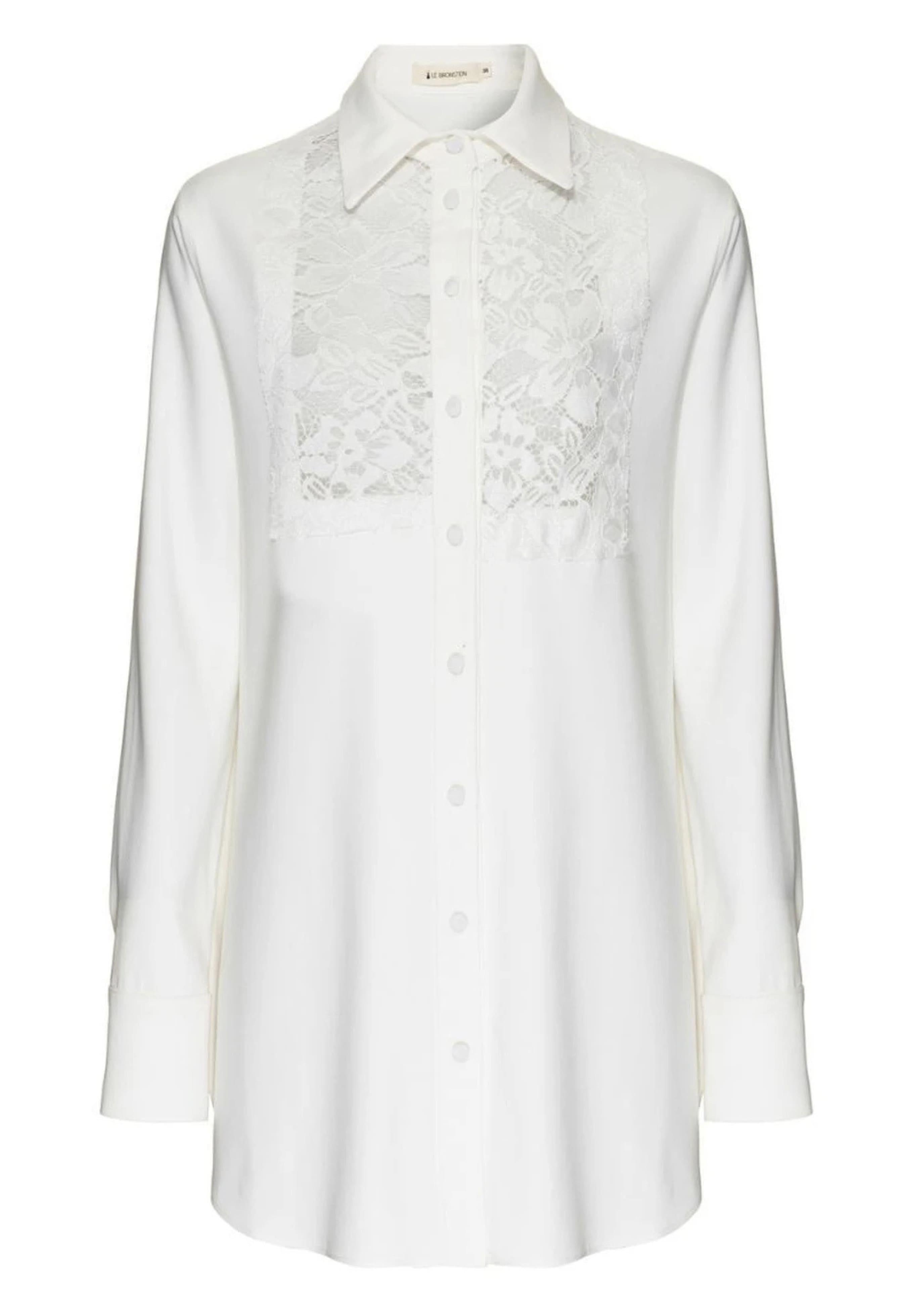 The LETHICIA BRONSTEIN Long Crepe and Lace Shirt Aida in Off-White features a stylish collar, button-down front, and elegant chest lace detailing, blending classic design with decorative charm.