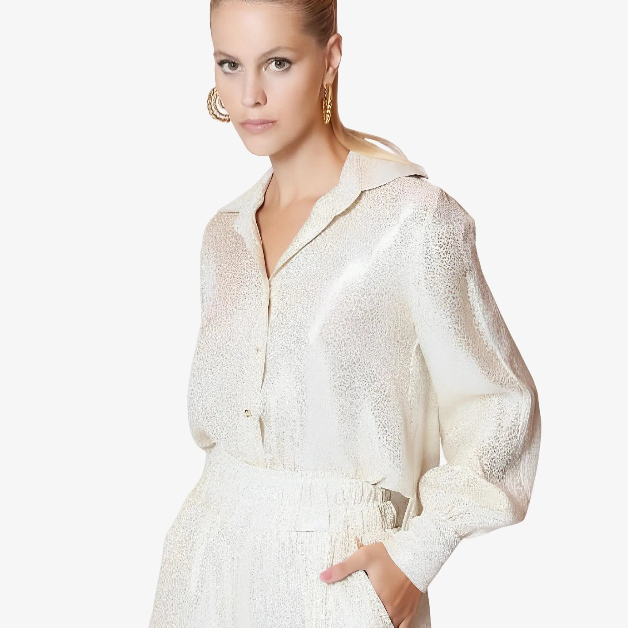 SATIN | Brazilian Luxury Fashion LETHICIA BRONSTEIN LETHICIA BRONSTEIN Long Sleeve Shirt with Stripes and Lace in Off-White