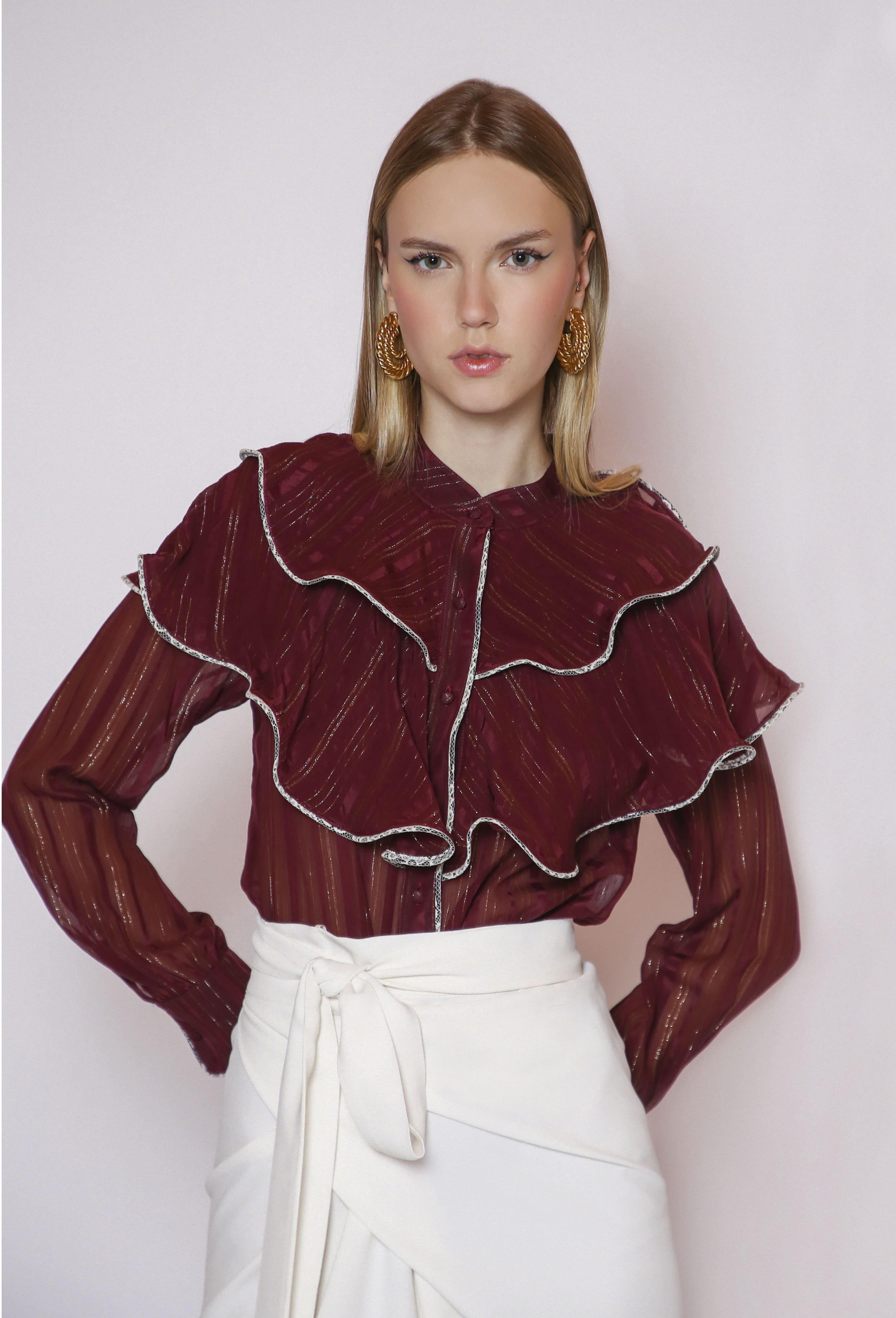 LETHICIA BRONSTEIN Ana Ruffled Shirt in Wine Organza