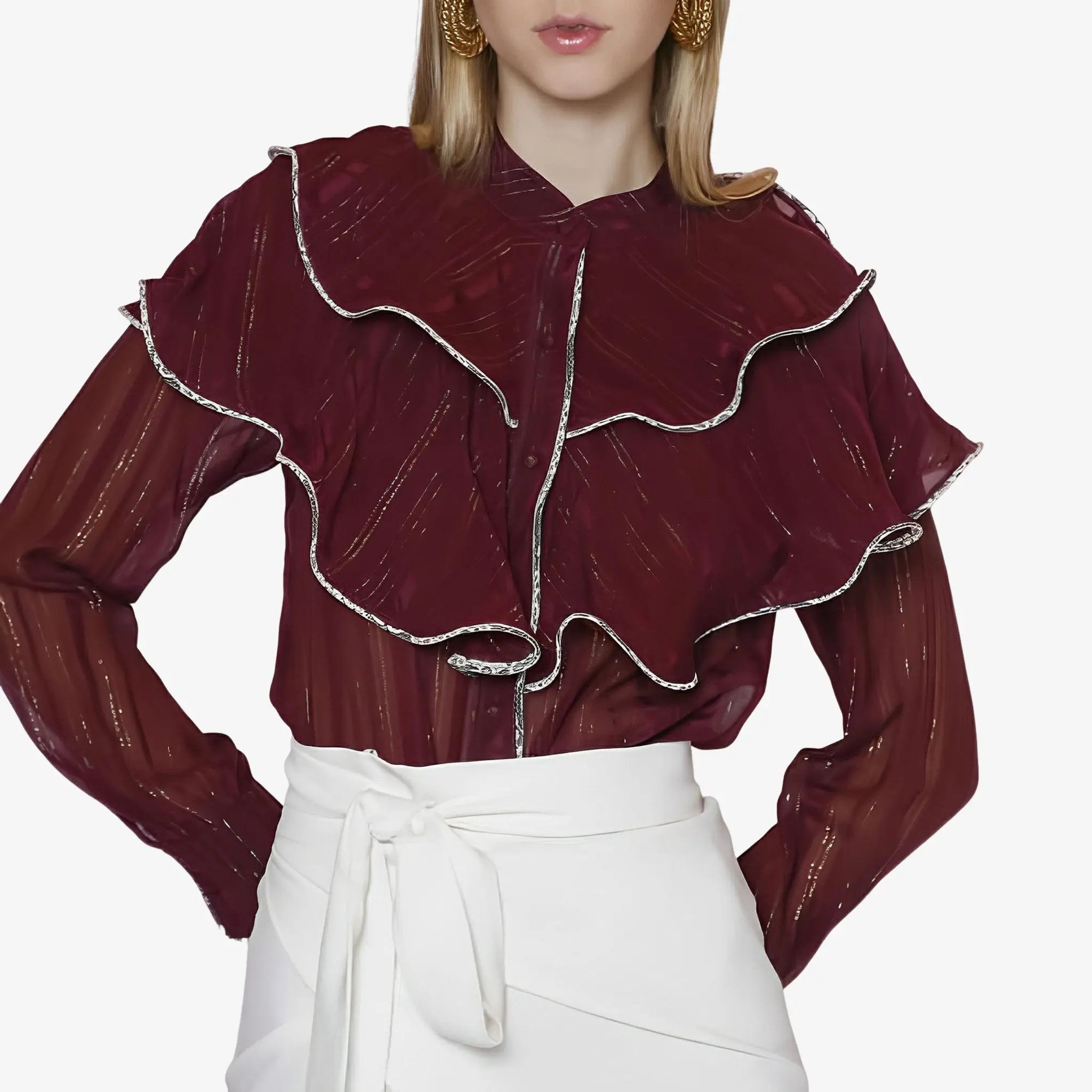 SATIN | Brazilian Luxury Fashion LETHICIA BRONSTEIN LETHICIA BRONSTEIN Ana Ruffled Shirt in Wine Organza