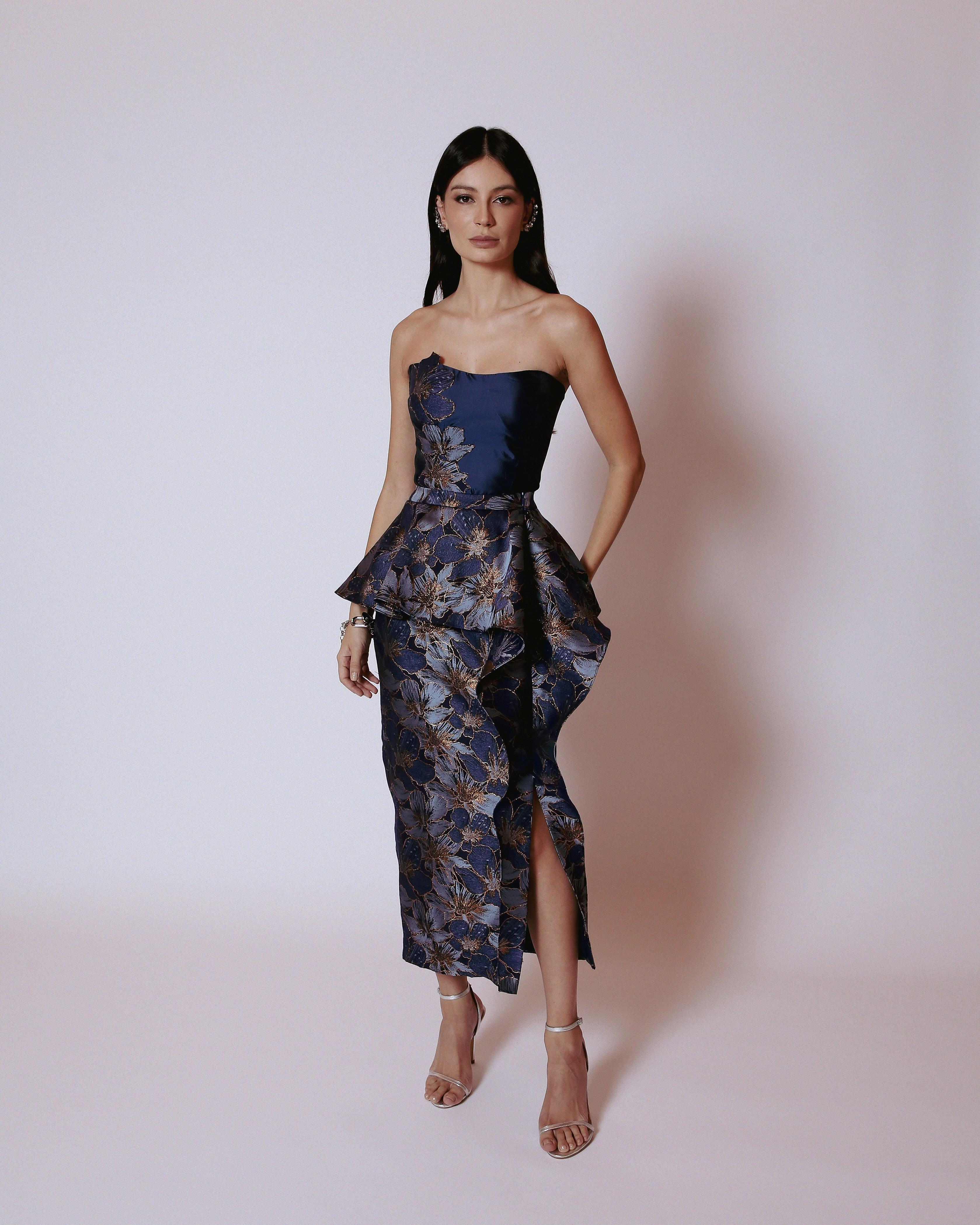 LETHICIA BRONSTEIN Bere Midi Skirt in Navy Blue Floral Jacquard