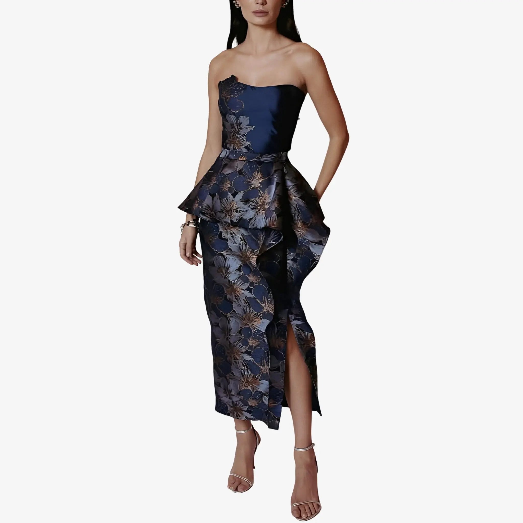 SATIN | Brazilian Luxury Fashion LETHICIA BRONSTEIN LETHICIA BRONSTEIN Bere Midi Skirt in Navy Blue Floral Jacquard