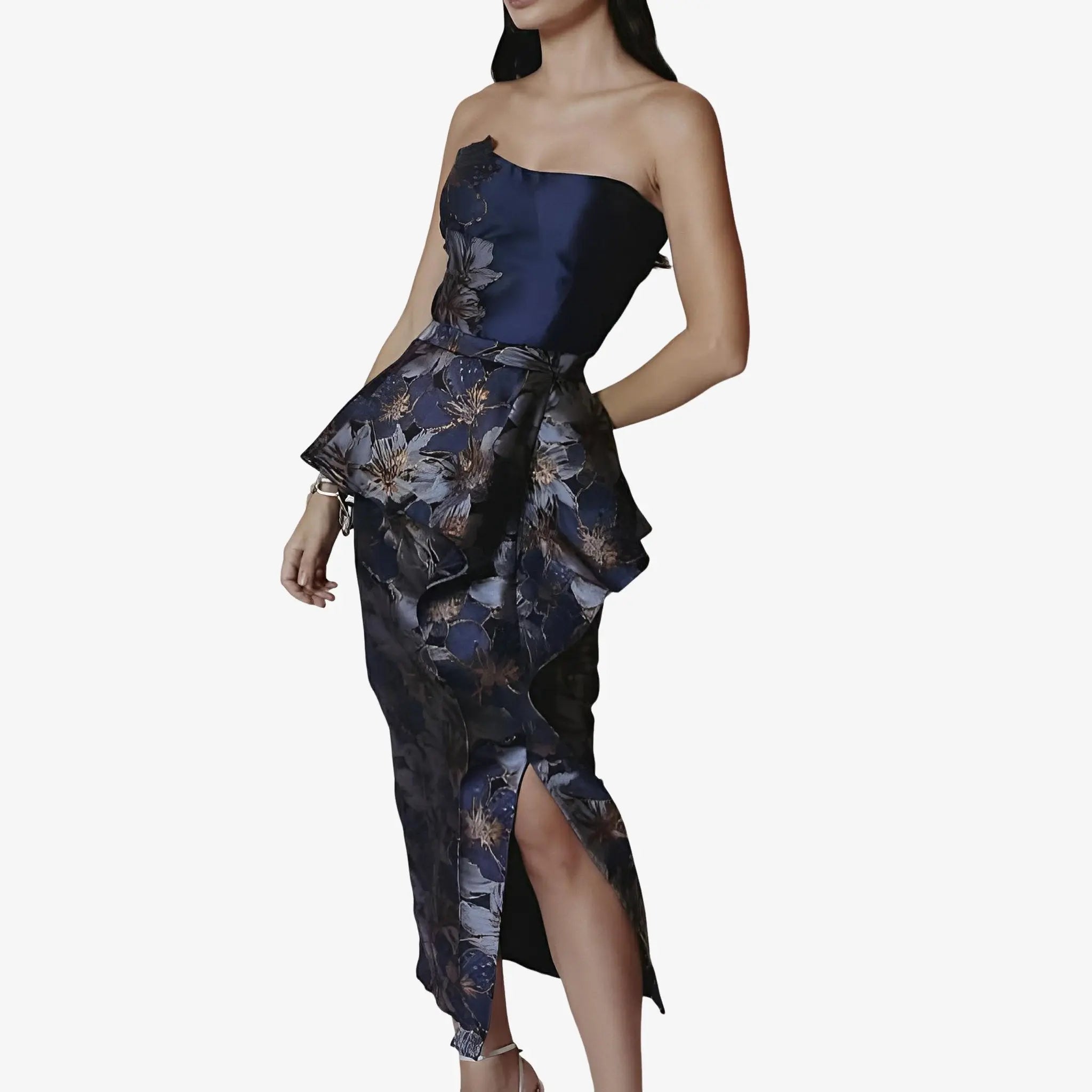 SATIN | Brazilian Luxury Fashion LETHICIA BRONSTEIN LETHICIA BRONSTEIN Bere Midi Skirt in Navy Blue Floral Jacquard