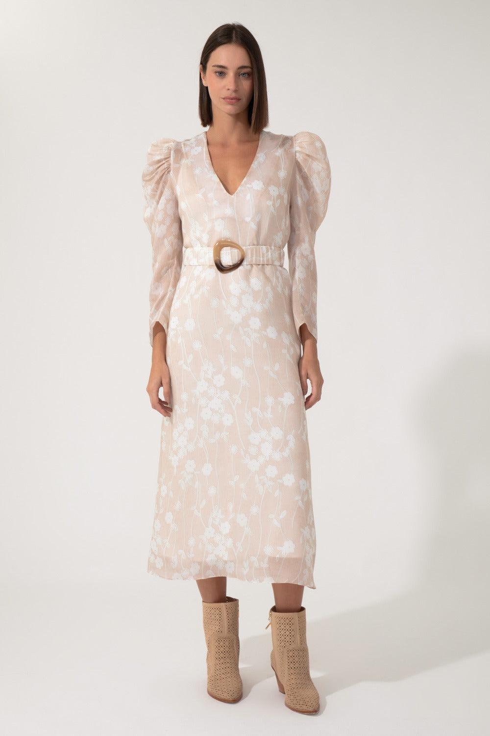 MIXED Floral Paz Dress In Beige Color - SATIN | Brazilian Luxury Fashion