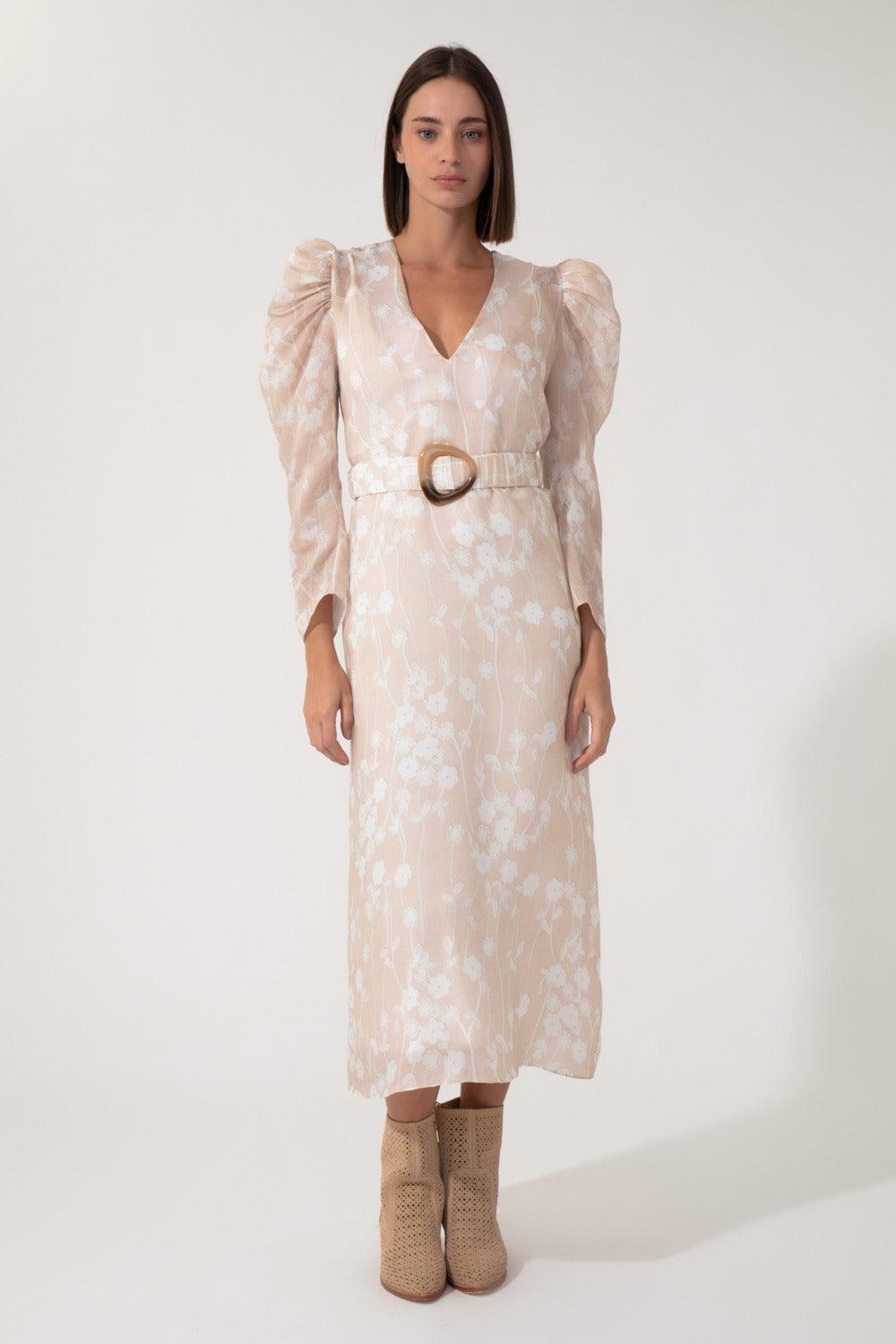 MIXED Floral Paz Dress In Beige Color - SATIN | Brazilian Luxury Fashion