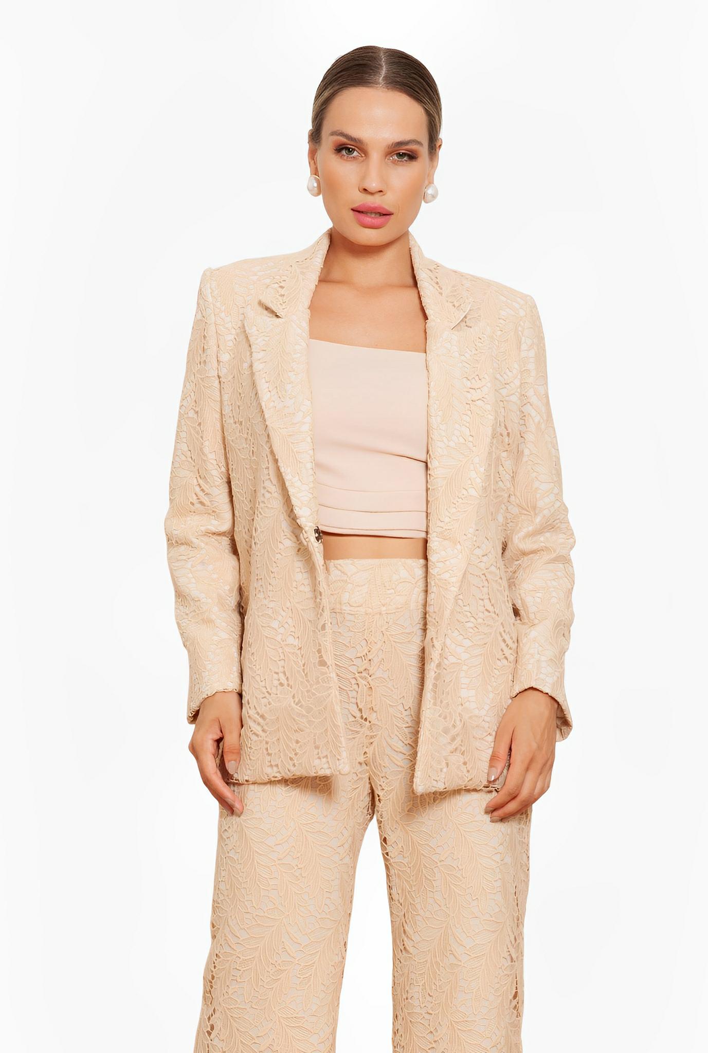 SATIN | Brazilian Luxury Fashion TON AGE TONAGE Beige Sand Lace Blazer with Tailored Design