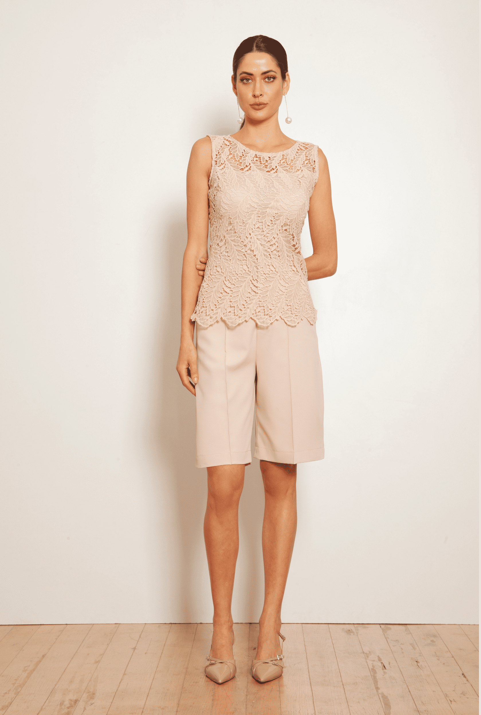 TONAGE Beige Sand Lace Blouse with Light Knit - SATIN | Brazilian Luxury Fashion