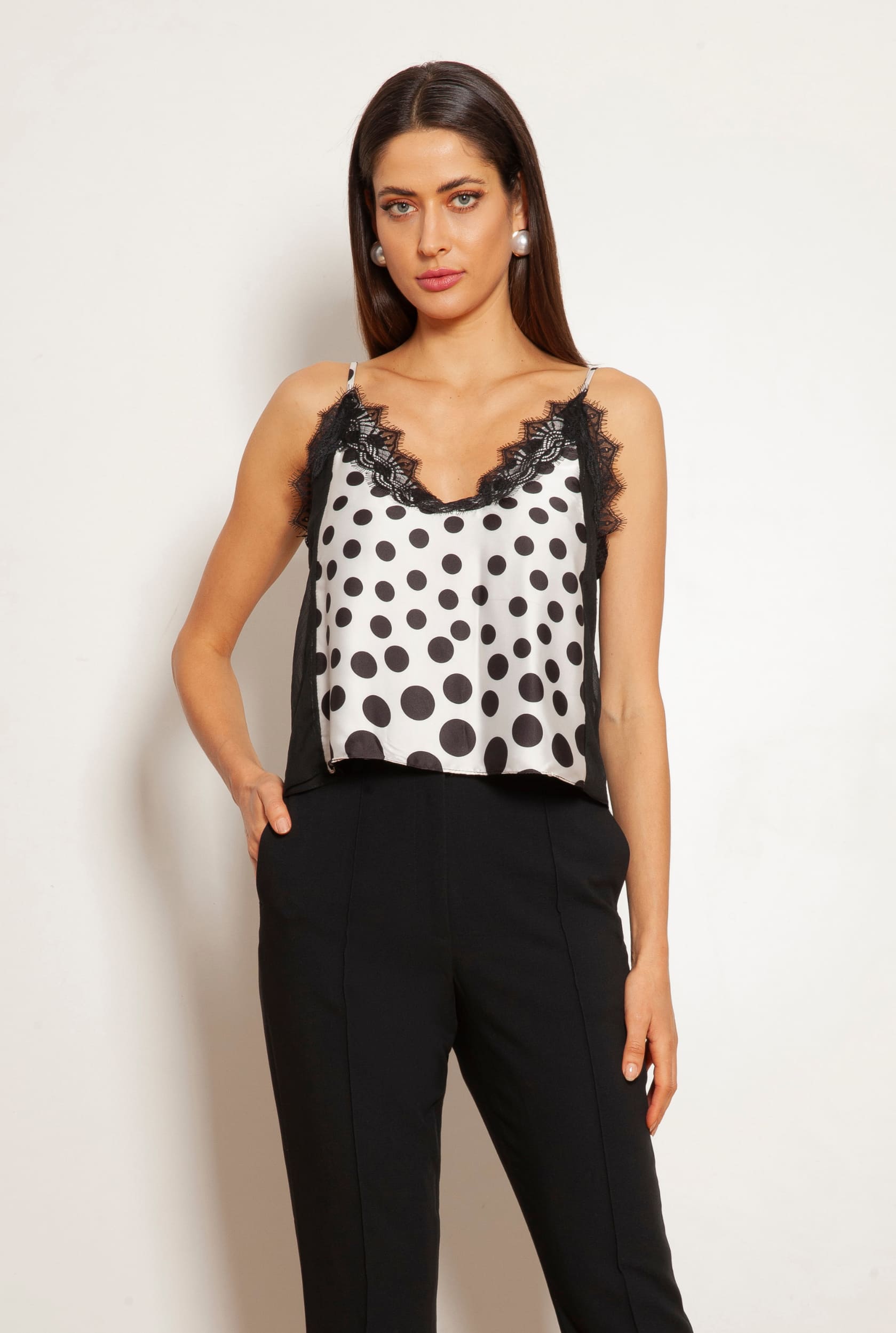 TONAGE Polka Dot Gloss Blouse with Black Sides - SATIN | Brazilian Luxury Fashion