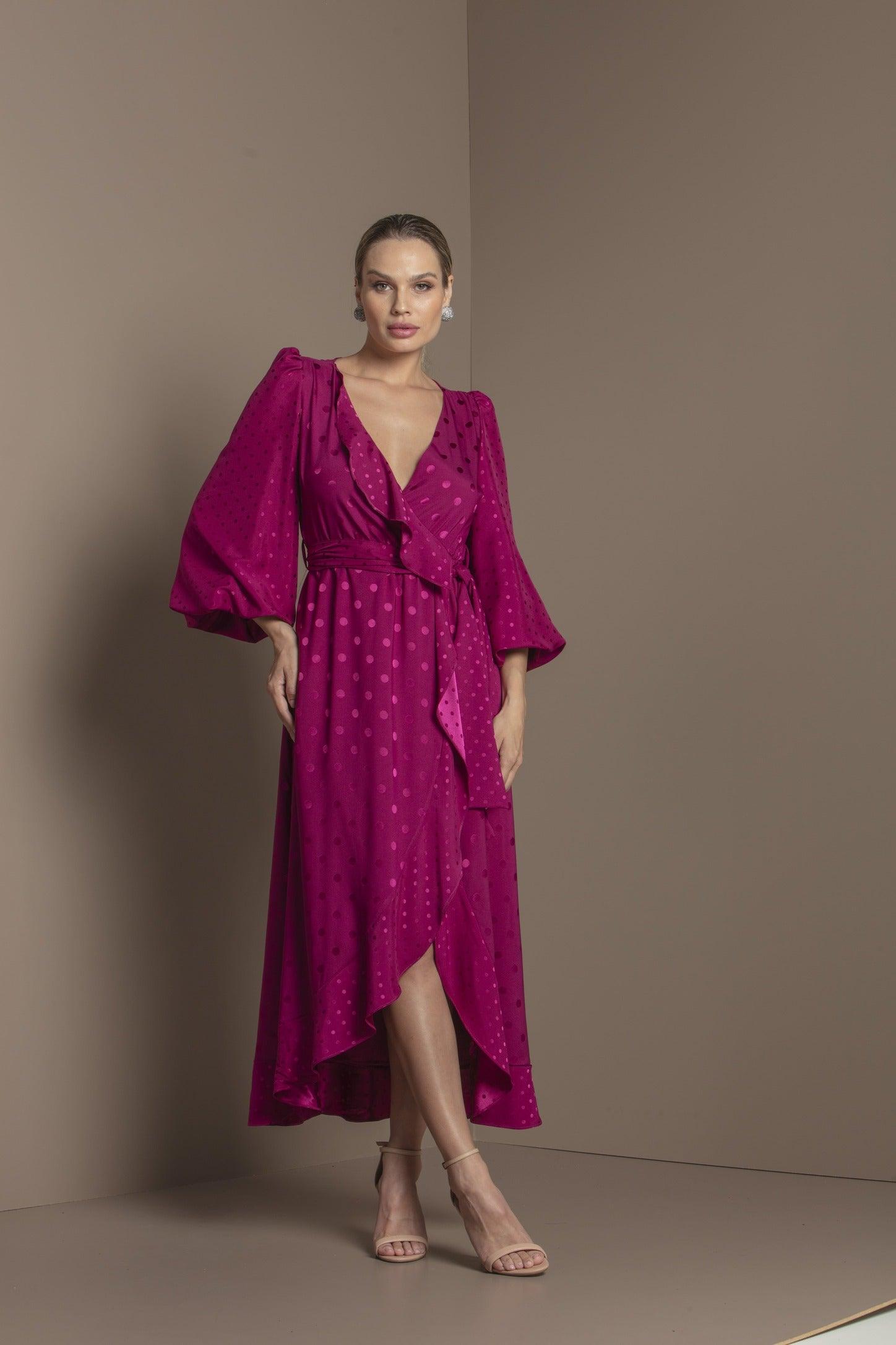 TONAGE Shiny Wine Satin Jacquard Polka Dot Dress - SATIN | Brazilian Luxury Fashion