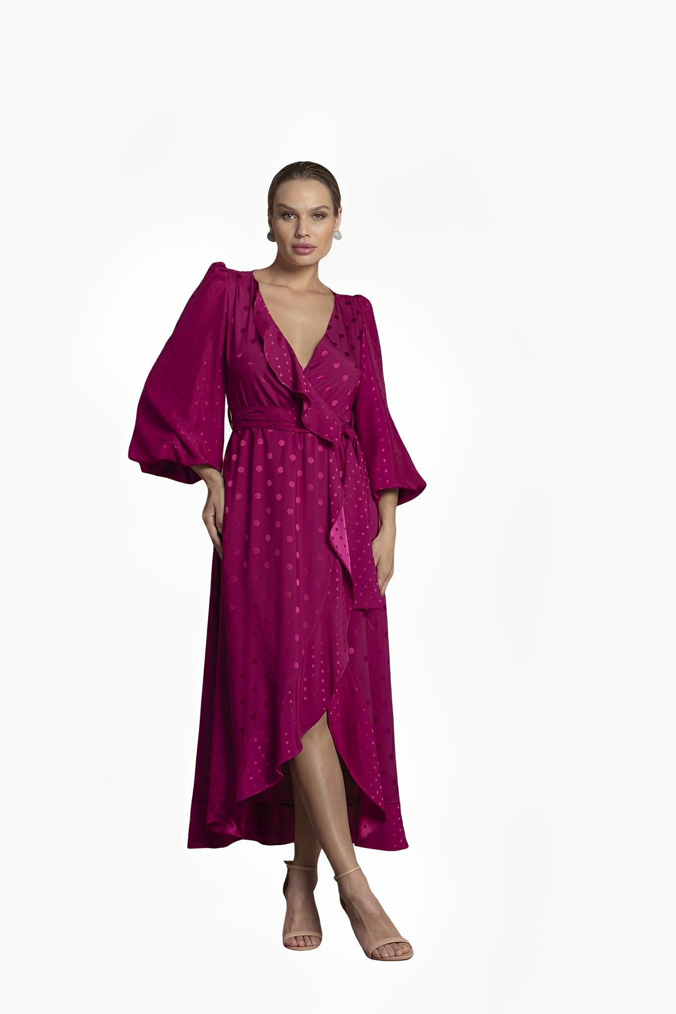 SATIN | Brazilian Luxury Fashion TON AGE TONAGE Shiny Wine Satin Jacquard Polka Dot Dress