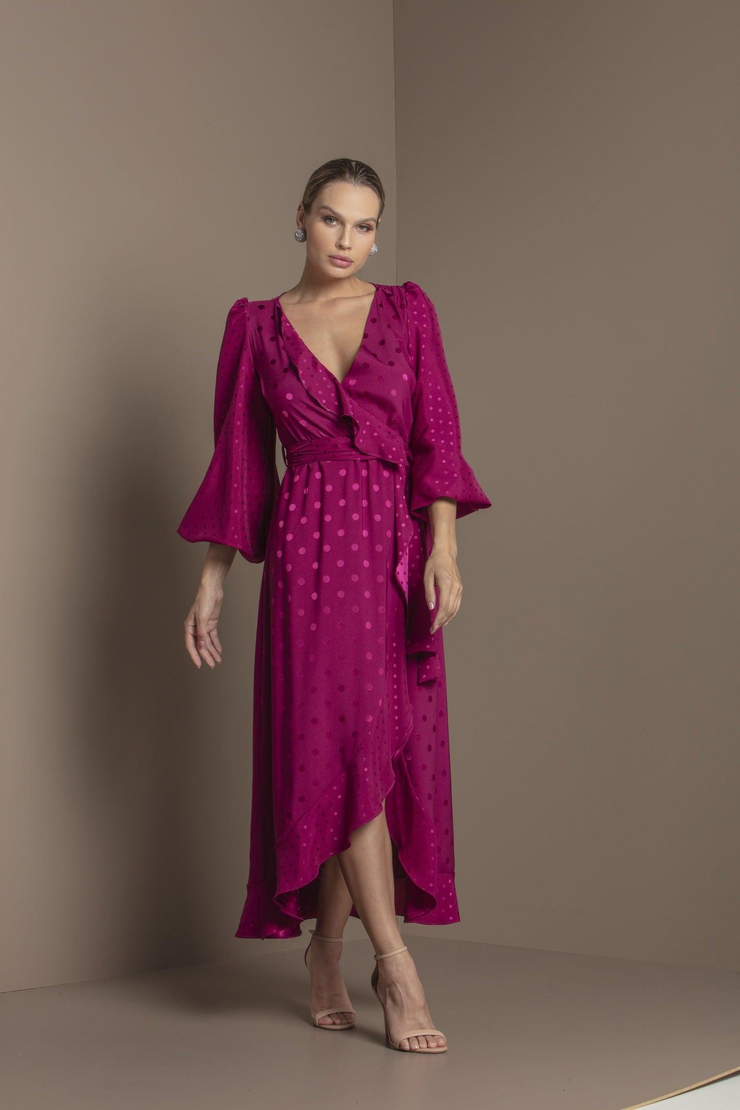 TONAGE Shiny Wine Satin Jacquard Polka Dot Dress - SATIN | Brazilian Luxury Fashion