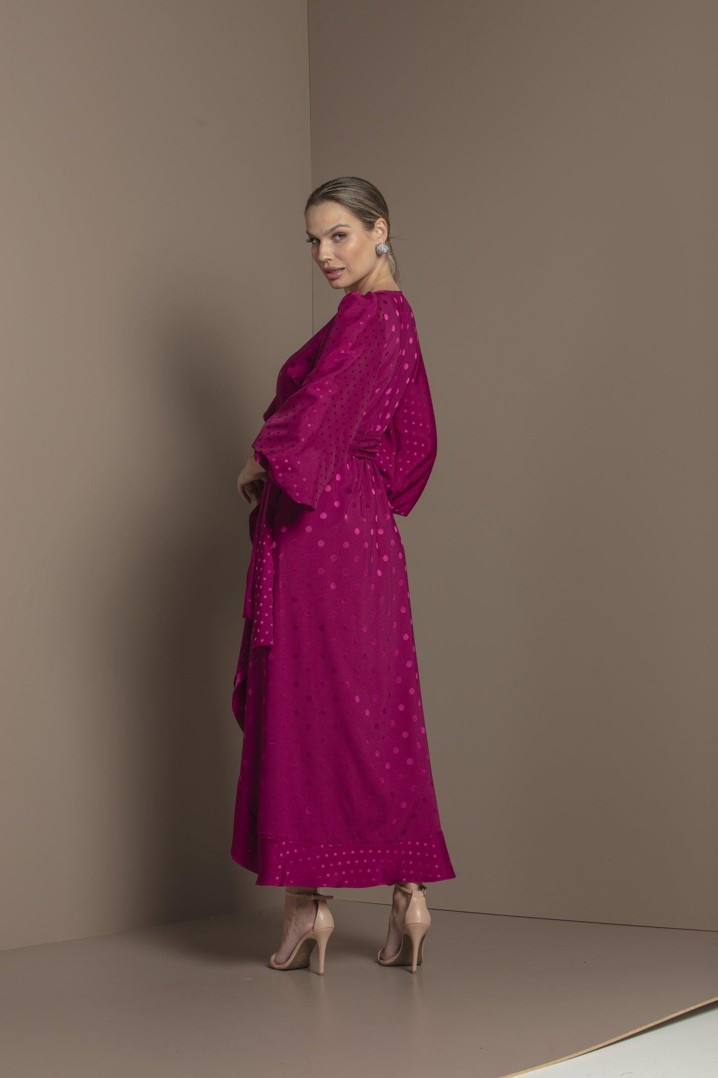 TONAGE Shiny Wine Satin Jacquard Polka Dot Dress - SATIN | Brazilian Luxury Fashion