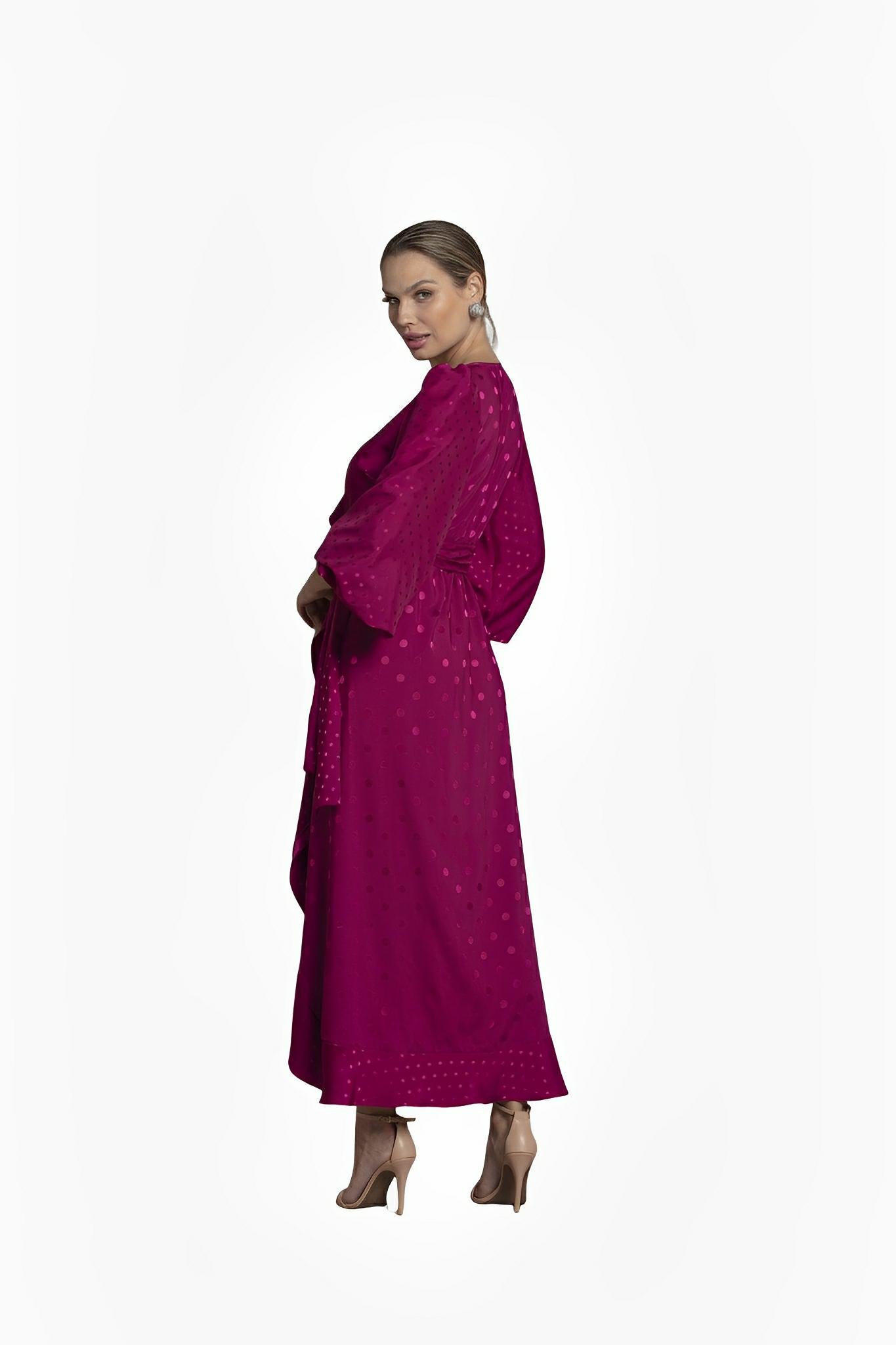 SATIN | Brazilian Luxury Fashion TON AGE TONAGE Shiny Wine Satin Jacquard Polka Dot Dress