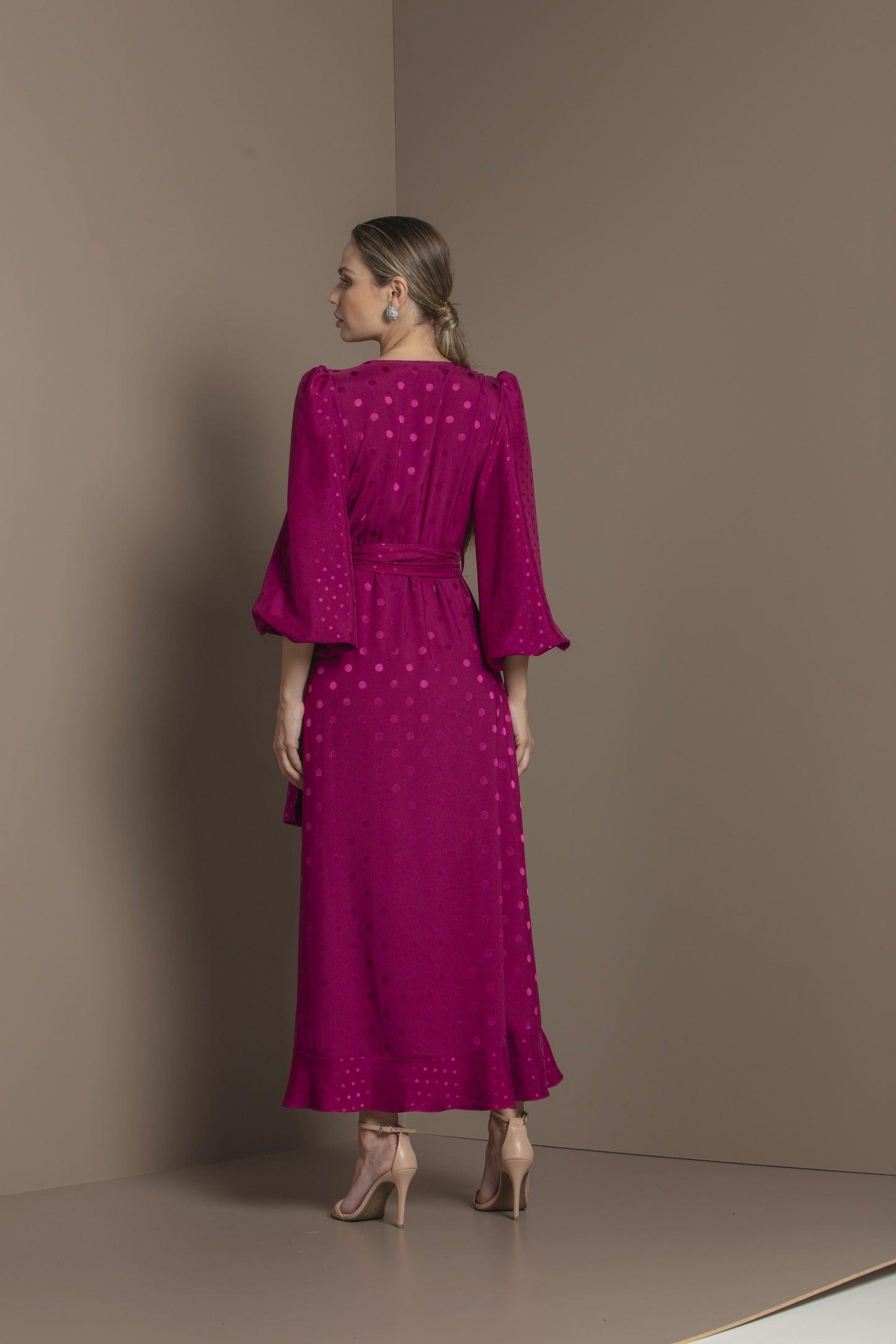 TONAGE Shiny Wine Satin Jacquard Polka Dot Dress - SATIN | Brazilian Luxury Fashion